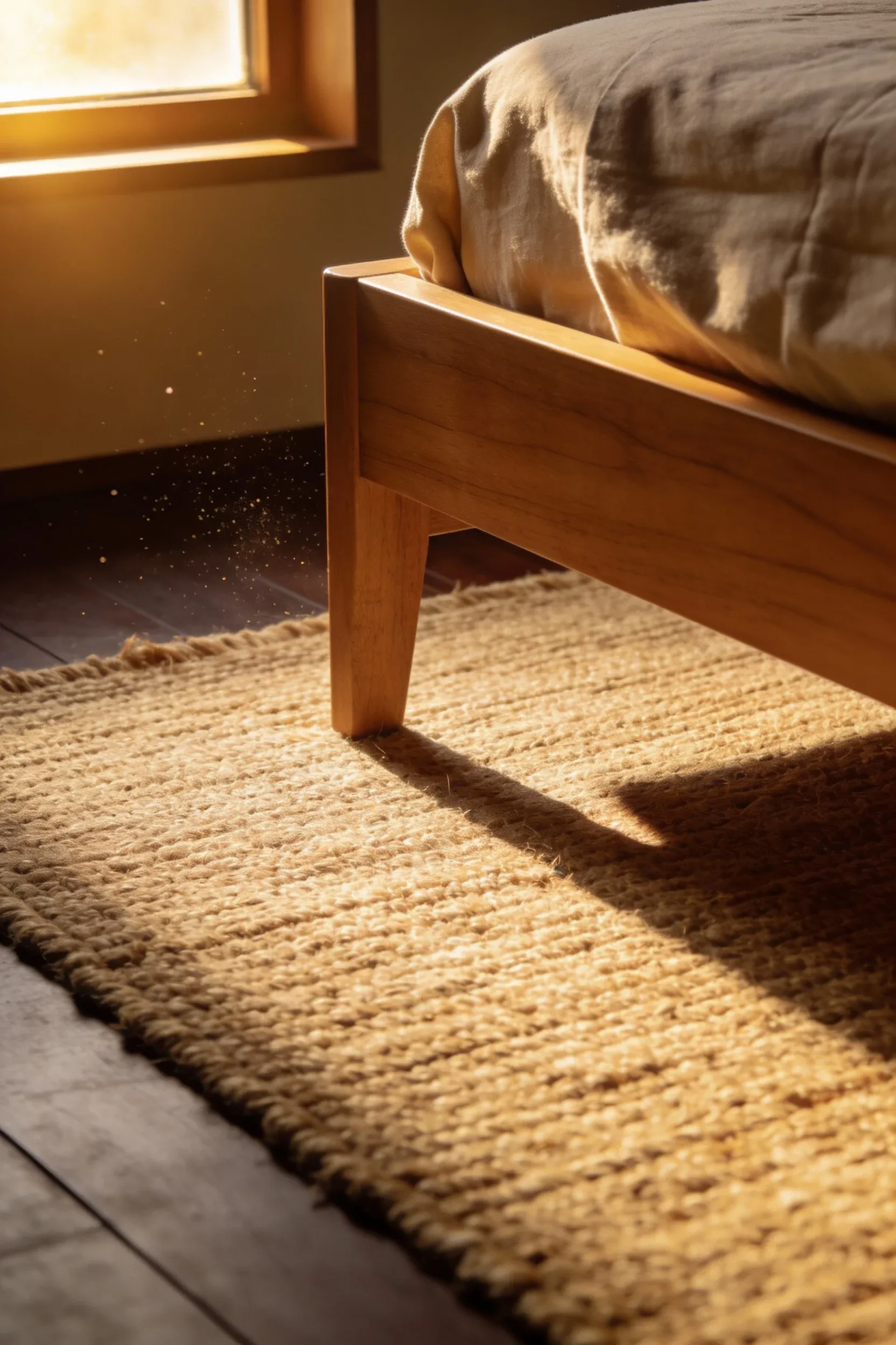 A natural bedroom with a woven jute rug under a low wooden bed frame in warm sunlight.