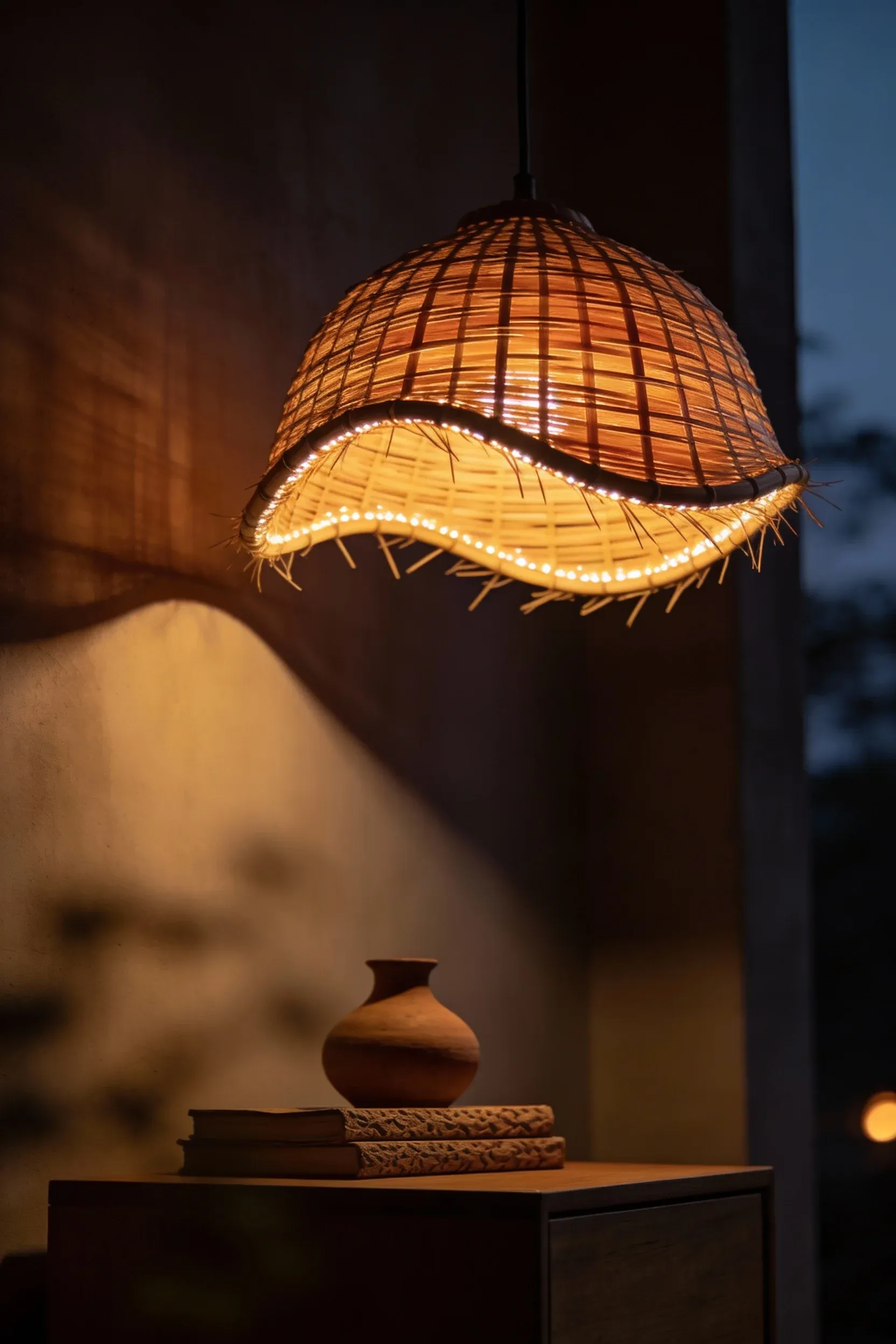 A warm bamboo pendant lamp glowing softly above a wooden nightstand in a natural bedroom.
