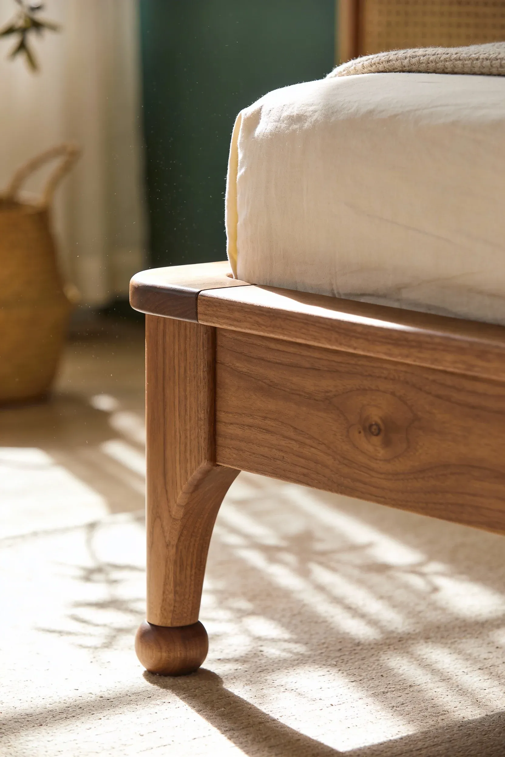 A solid wood bed frame with smooth rounded corners in a warm natural bedroom.