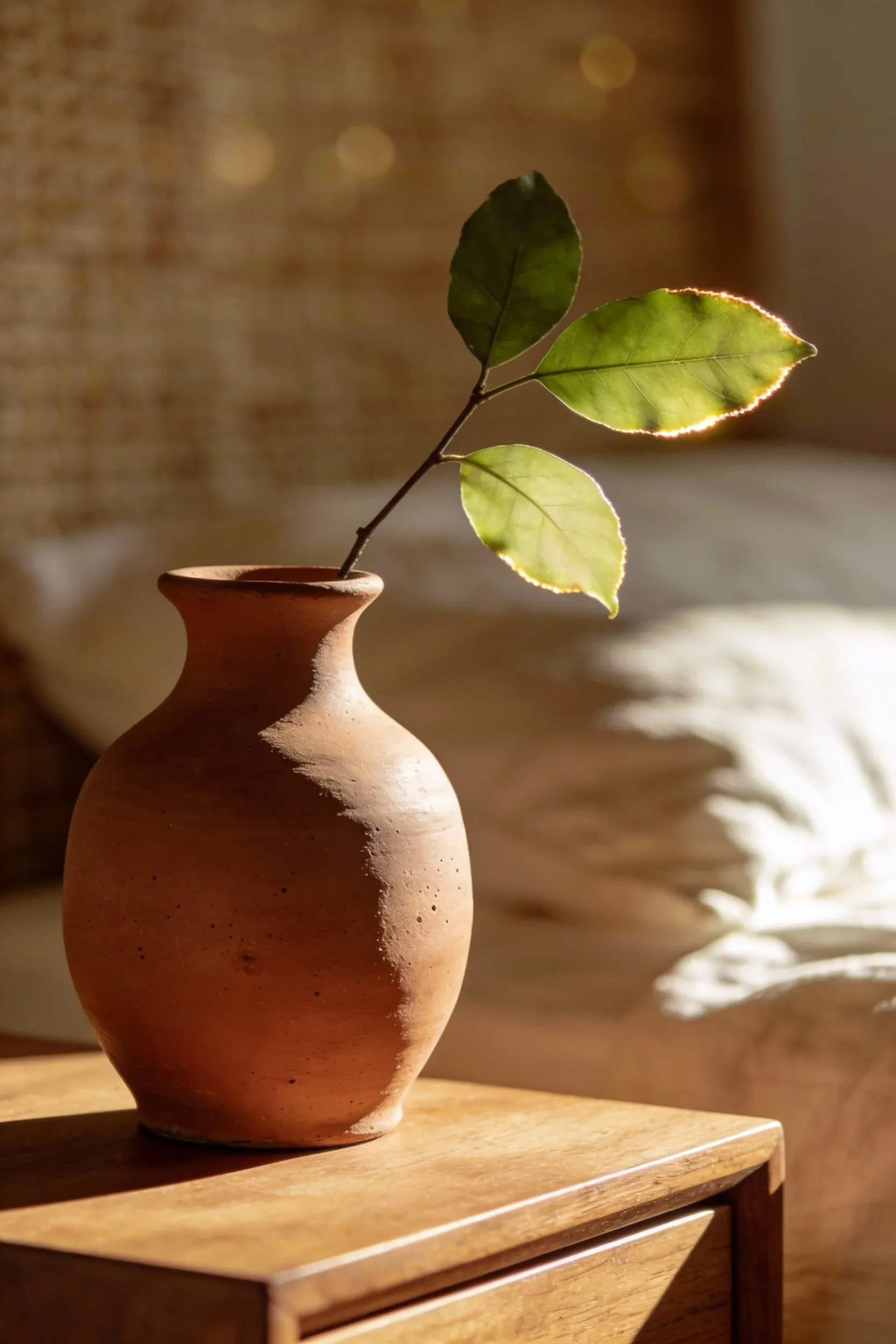 A clay vase with simple green branches on a wooden surface in a natural bedroom.