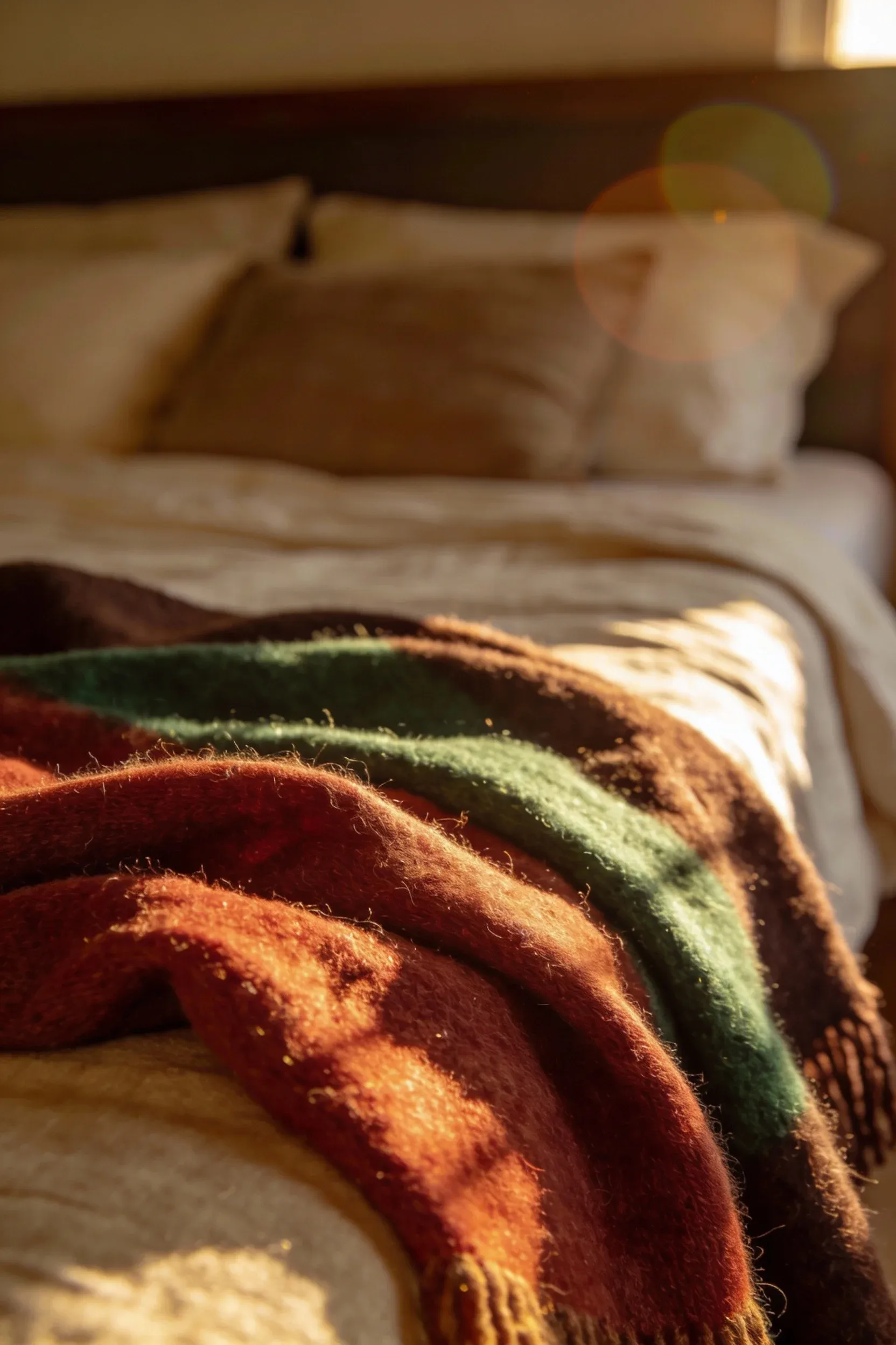 A textured wool throw in warm earth tones draped on the foot of a cozy natural bed.