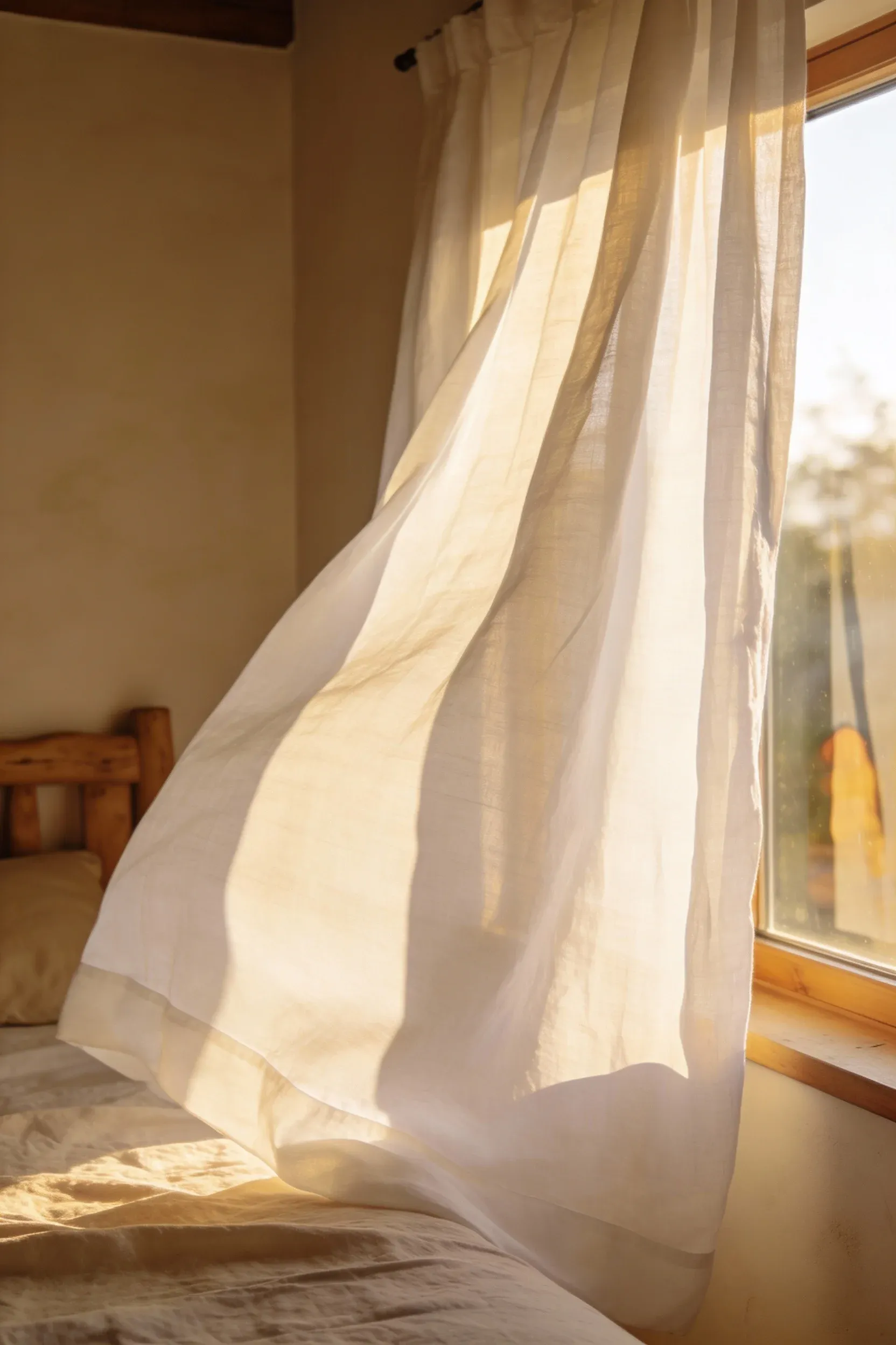 Sheer cotton curtains filtering warm natural light into a calm, earthy bedroom.