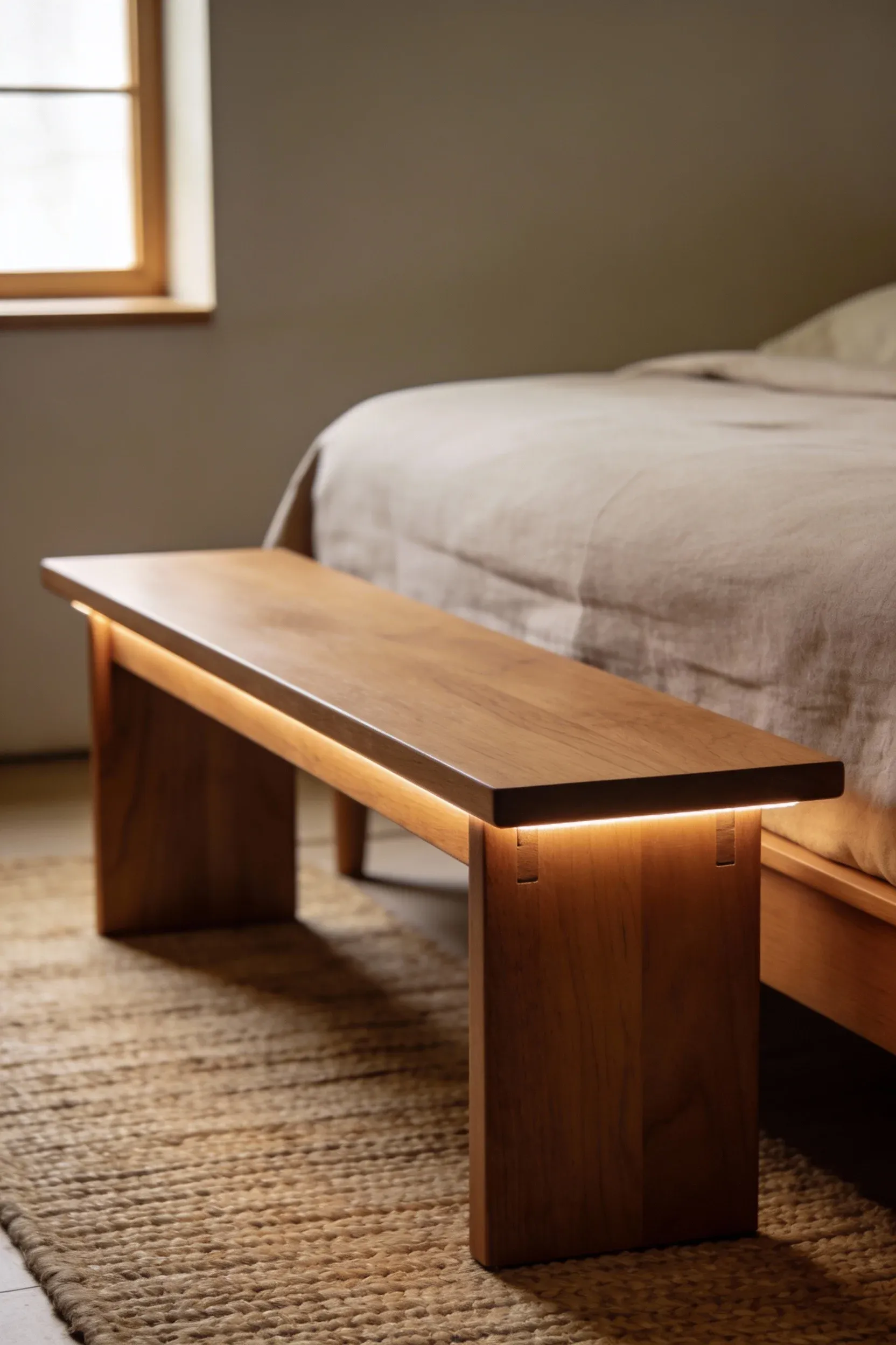 Minimal Japandi wooden bench at the foot of a neutral bed in a warm natural bedroom.