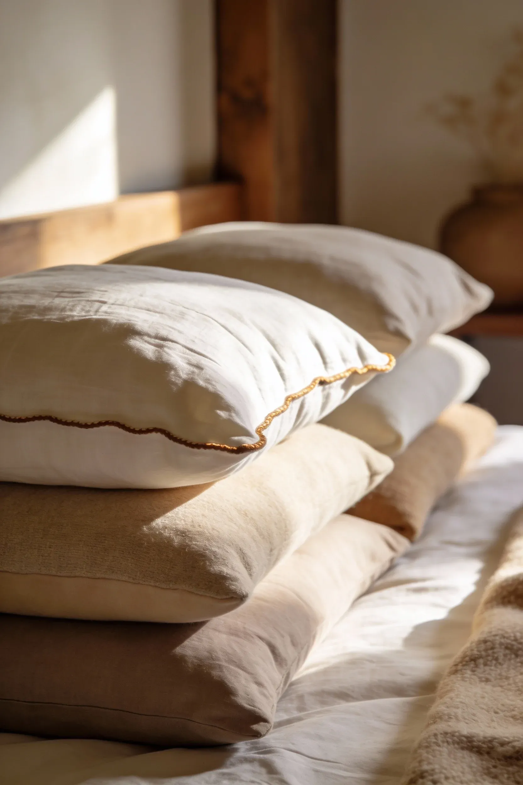 Layered neutral linen, cotton, and wool pillows arranged on a cozy natural bed.