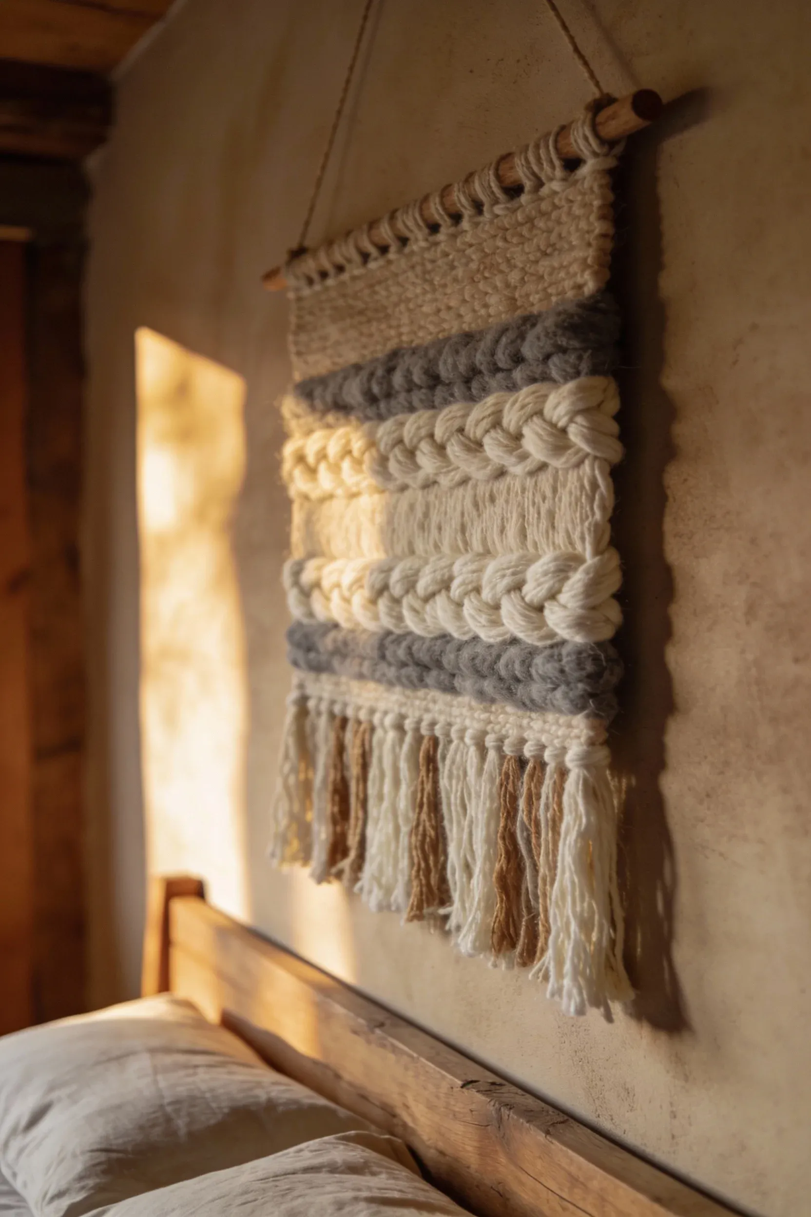 Earth‑toned woven wall hanging with wool and cotton textures in a natural bedroom.