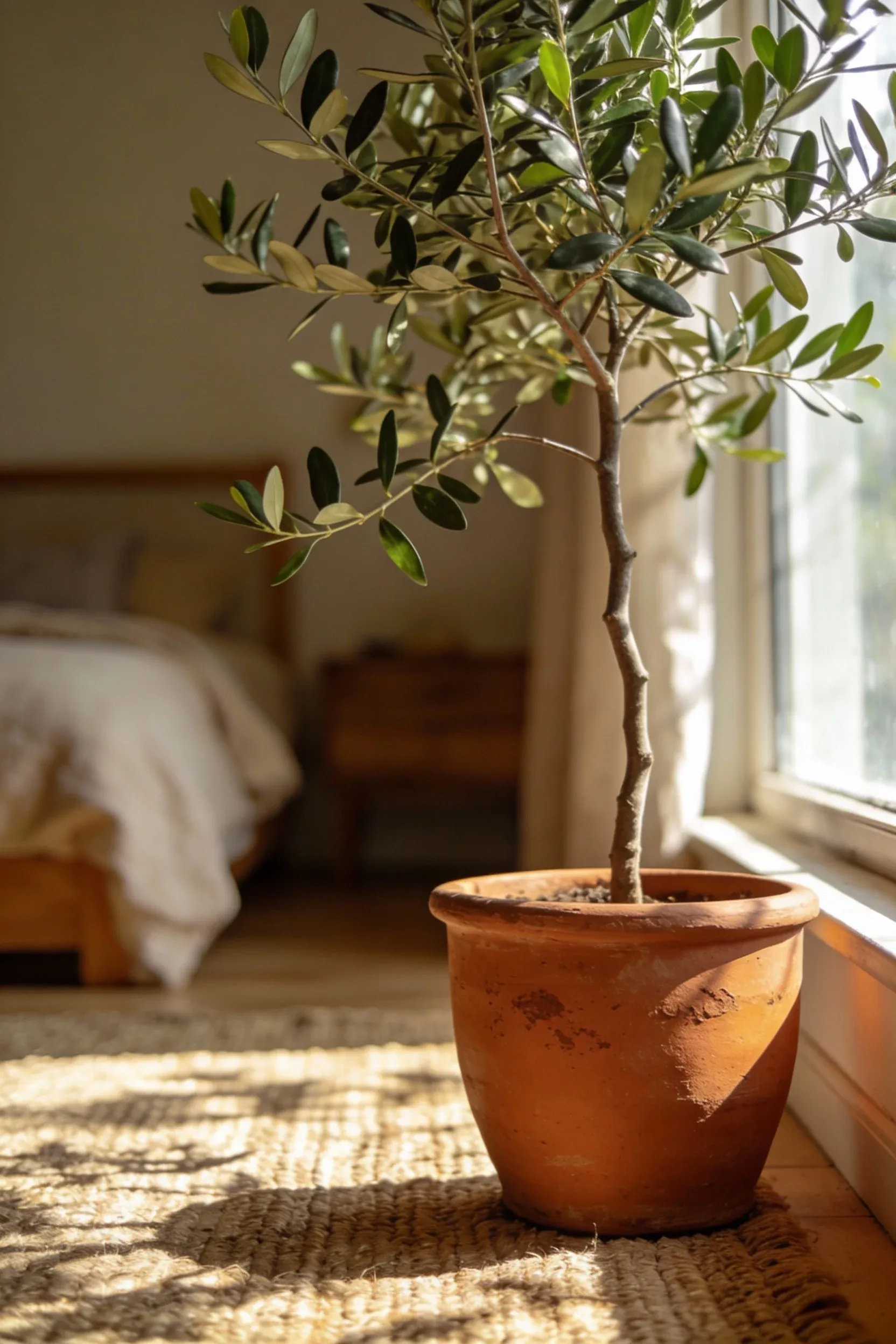 Small indoor tree in a terracotta pot adding greenery to a warm natural bedroom.