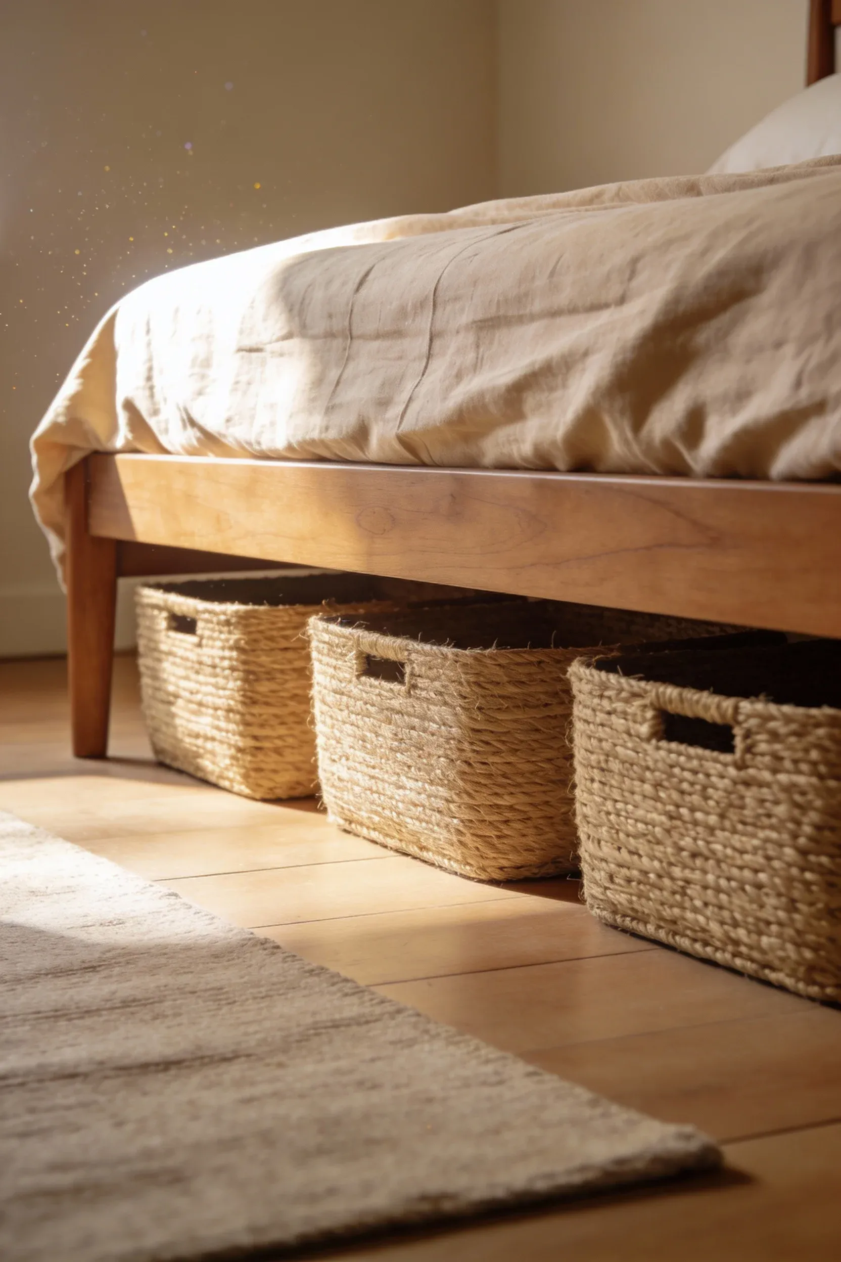 Natural bedroom with jute baskets under a wood bed frame in soft morning light.