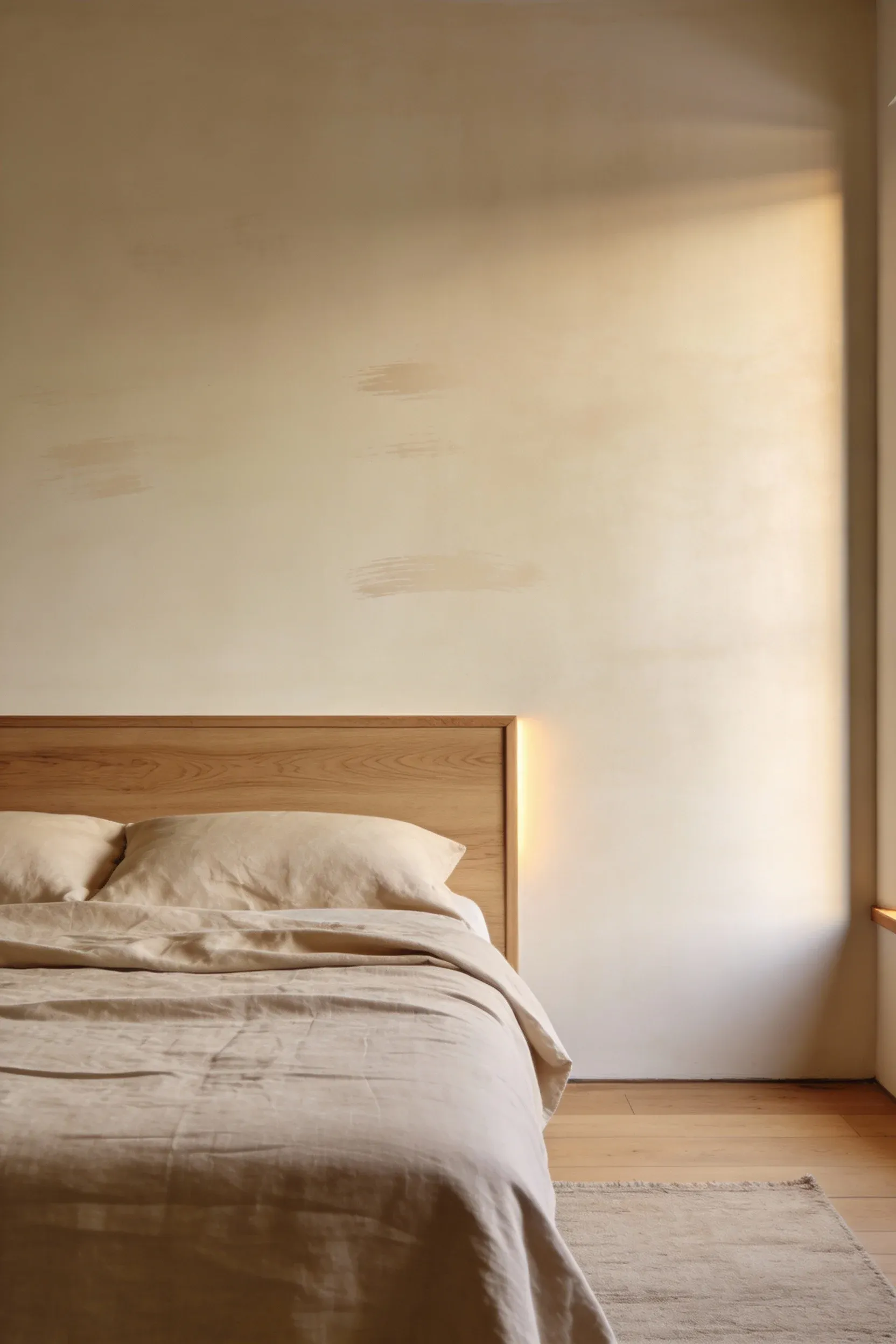 Cozy natural bedroom with a soft matte beige wall and warm wood accents.