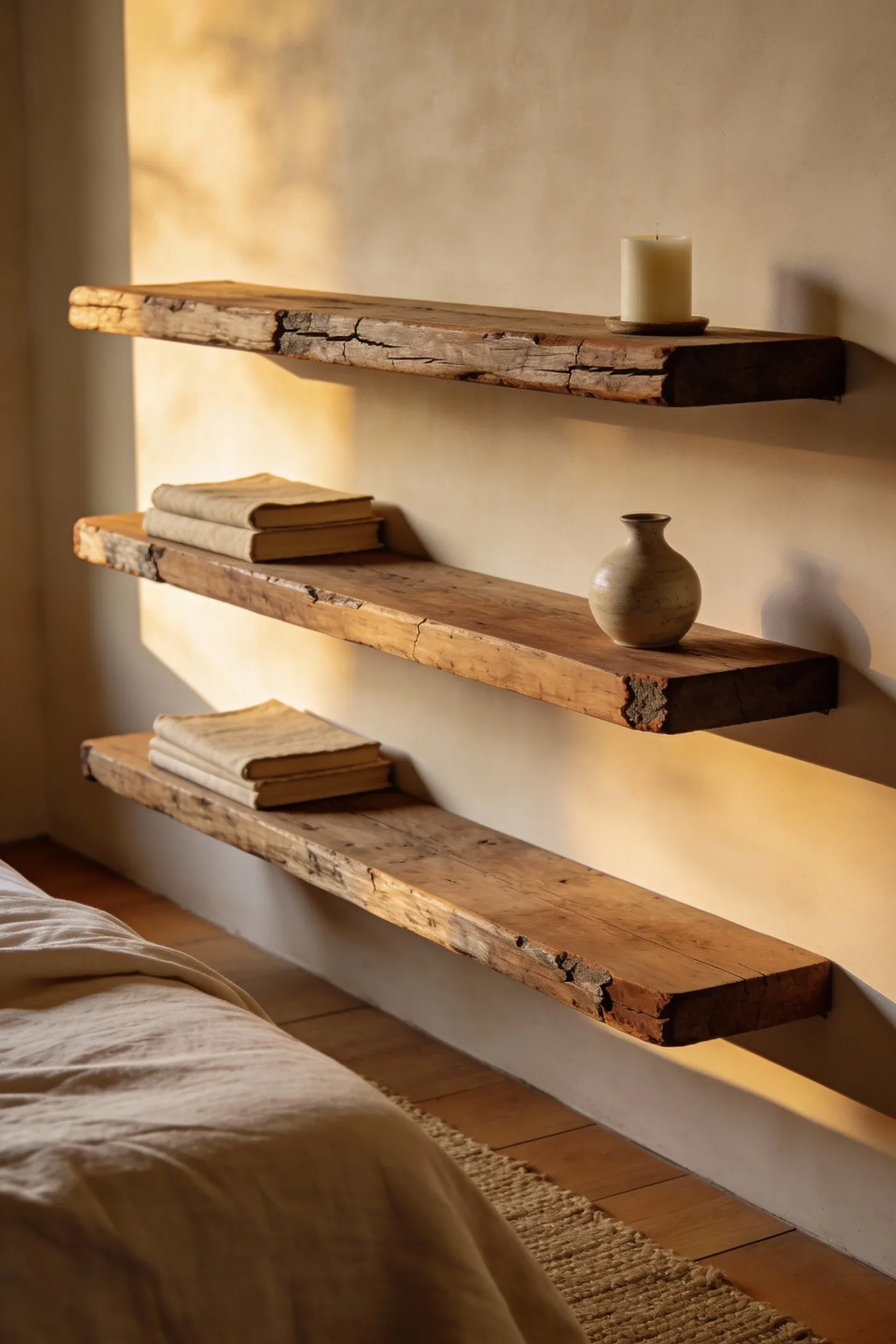 Reclaimed wood floating shelves with simple decor in a warm natural bedroom.