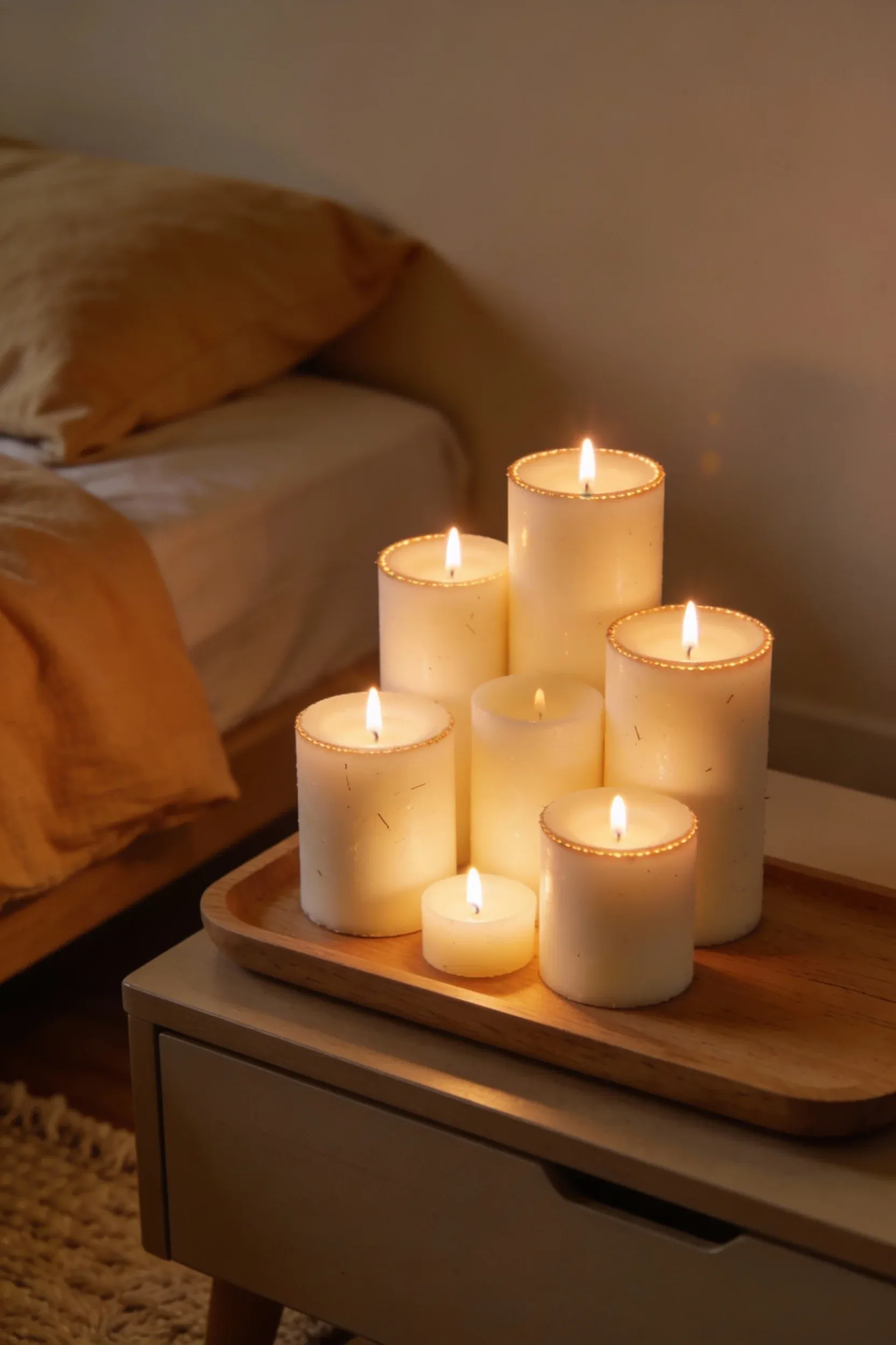Cluster of pillar candles on a wood tray in a warm, natural bedroom.