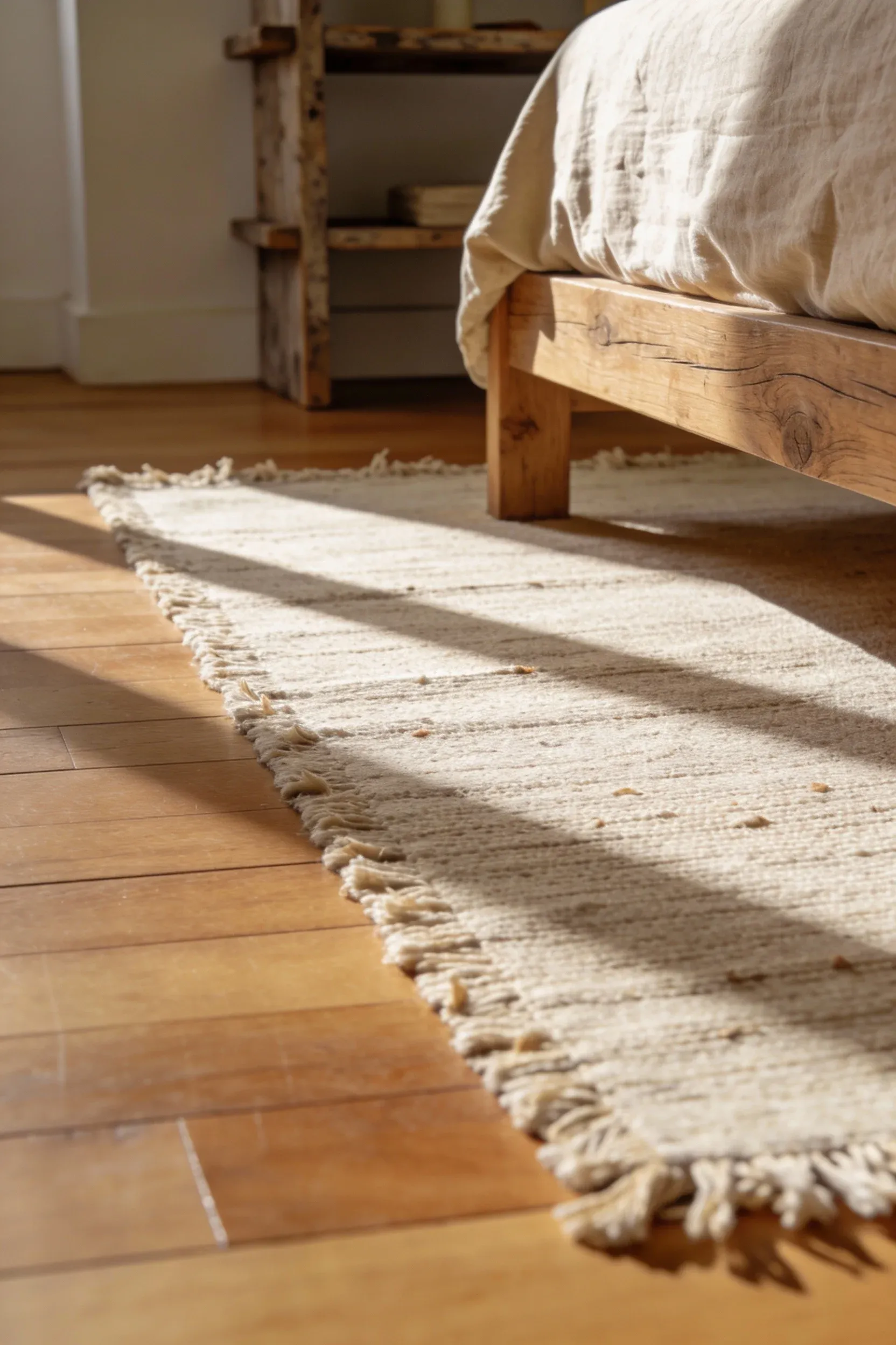 Neutral rug layered over hardwood flooring in a warm natural bedroom.