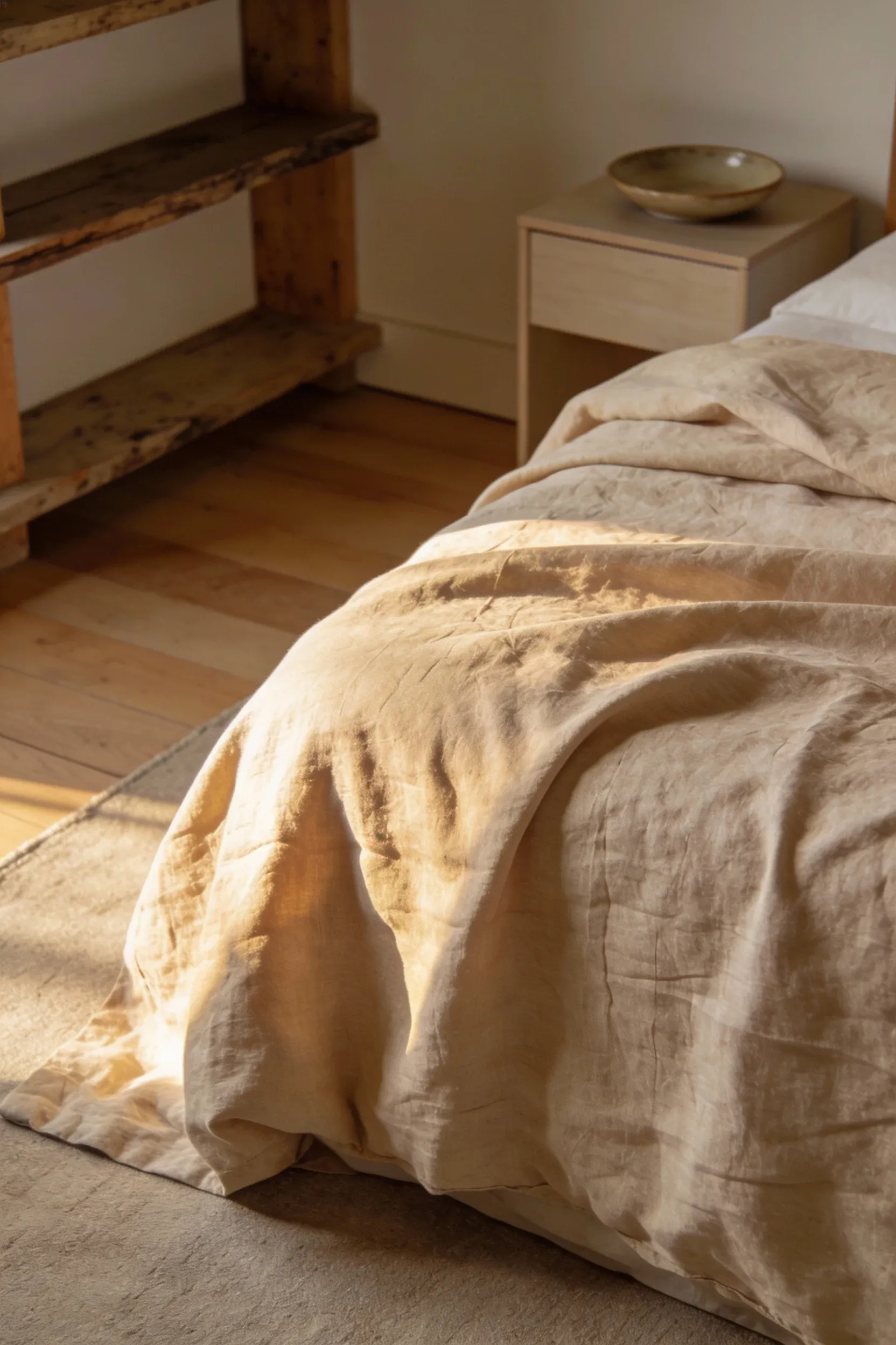 Warm sand-colored linen duvet in a cozy natural bedroom setting.