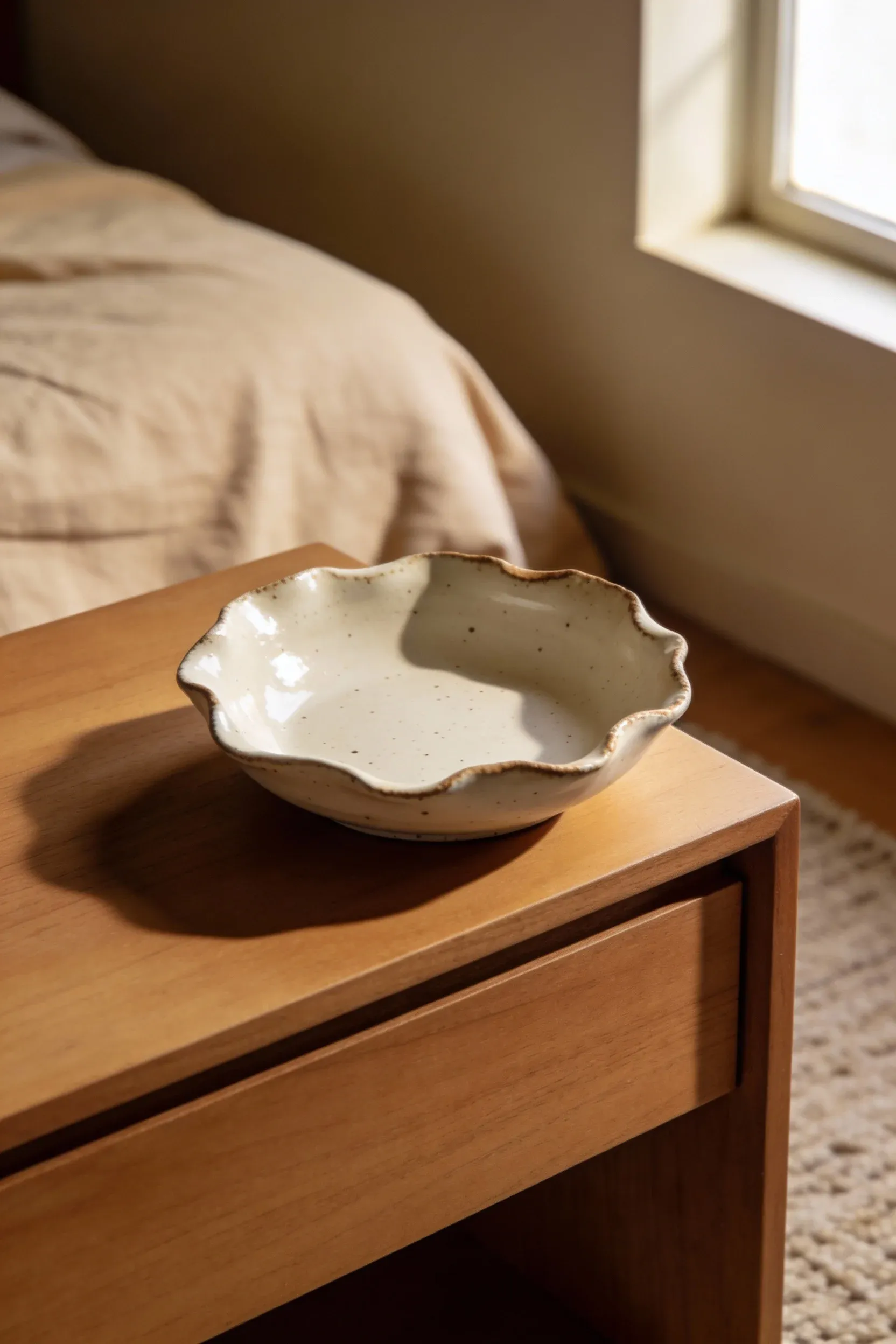 Handmade ceramic dish on a wood nightstand in a natural bedroom.