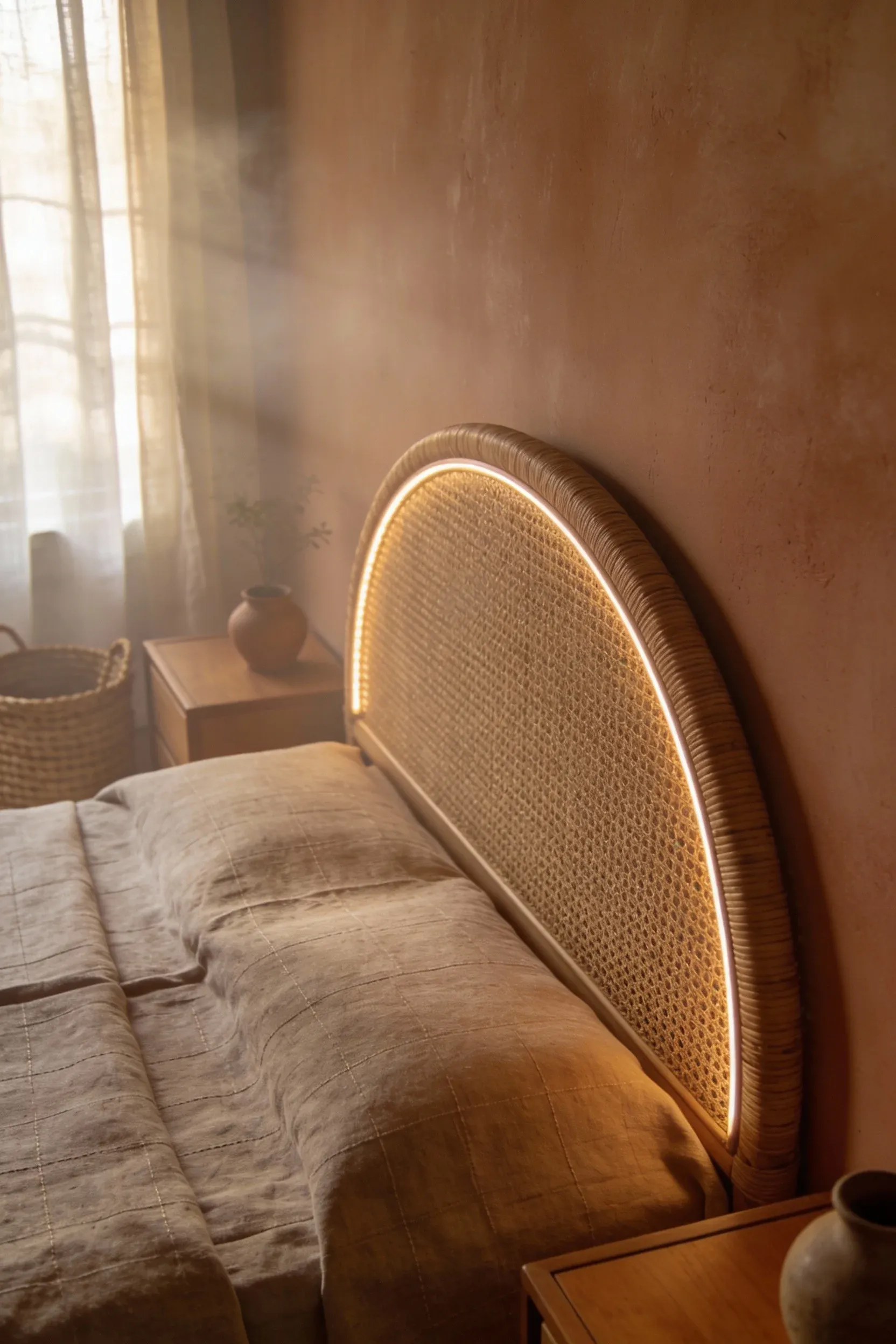 Curved rattan headboard in a warm natural bedroom with soft linen bedding.