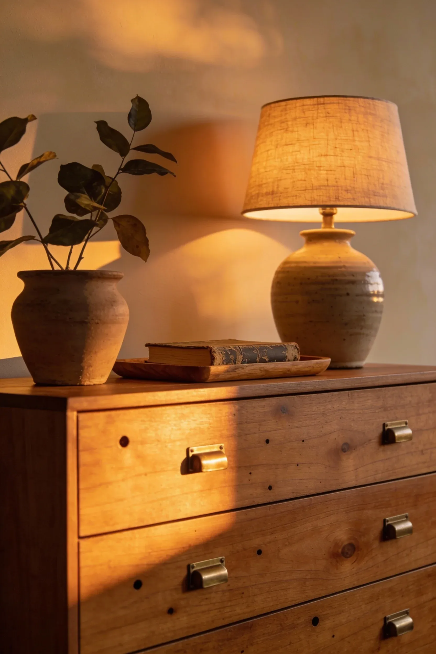Warm wood dresser in a cozy earthy bedroom with soft golden hour lighting.