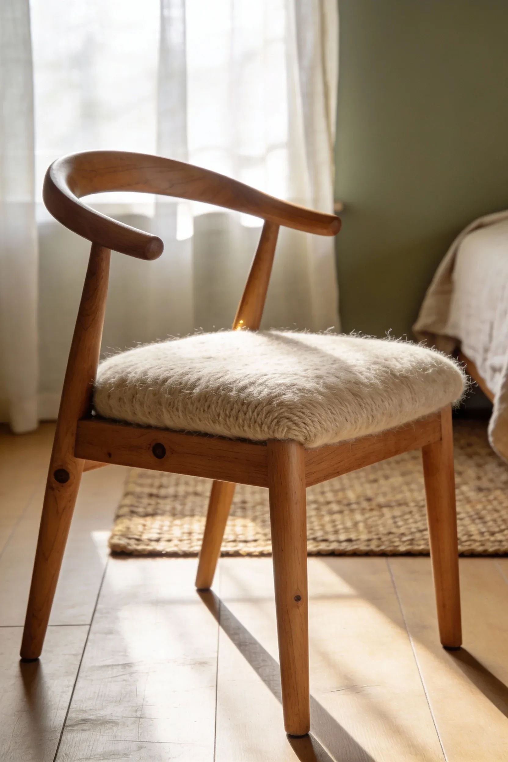 Wooden accent chair with a wool cushion in a natural cozy bedroom.
