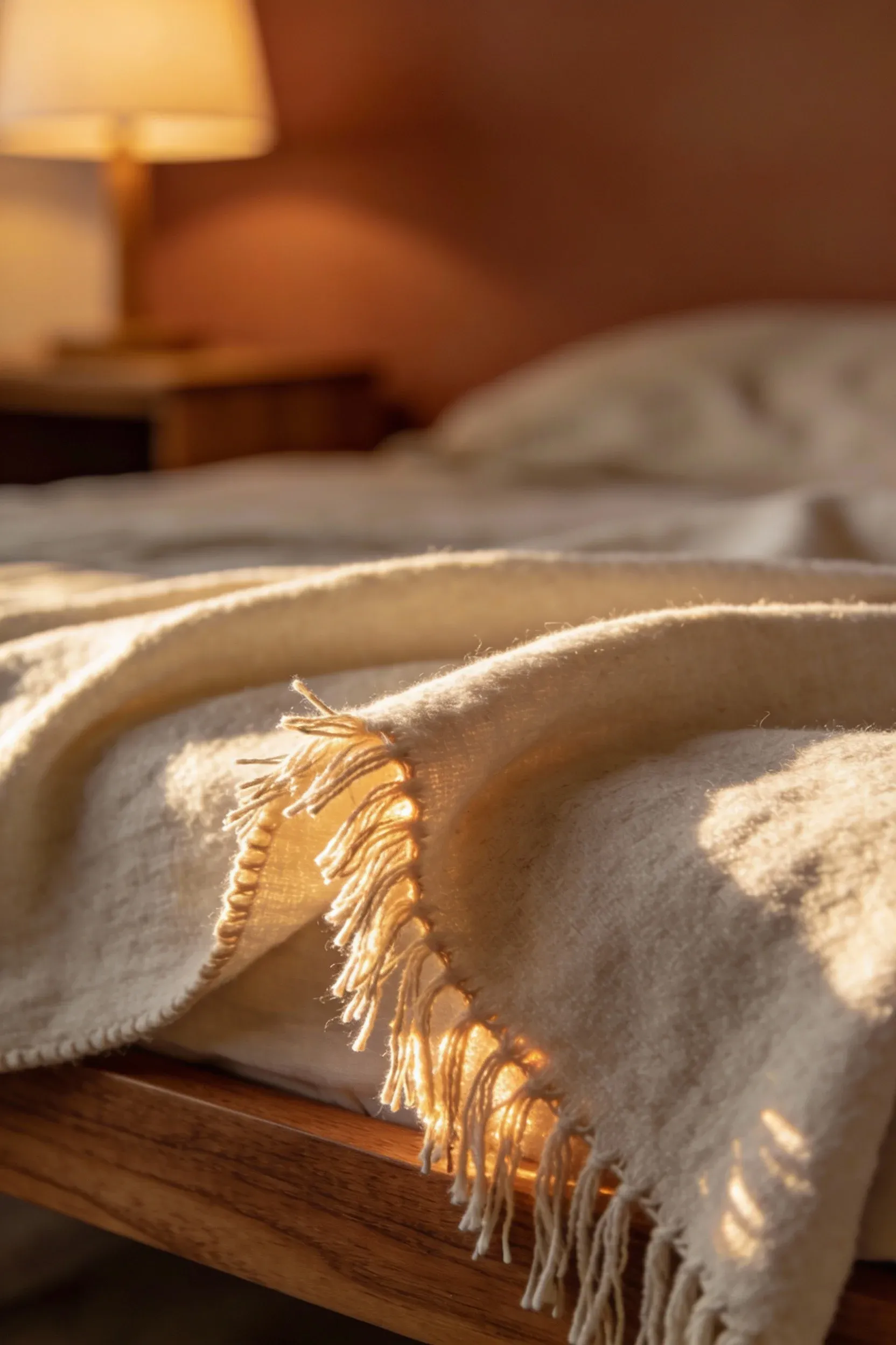 Neutral fringe throw blanket draped on a bed in a warm natural bedroom.