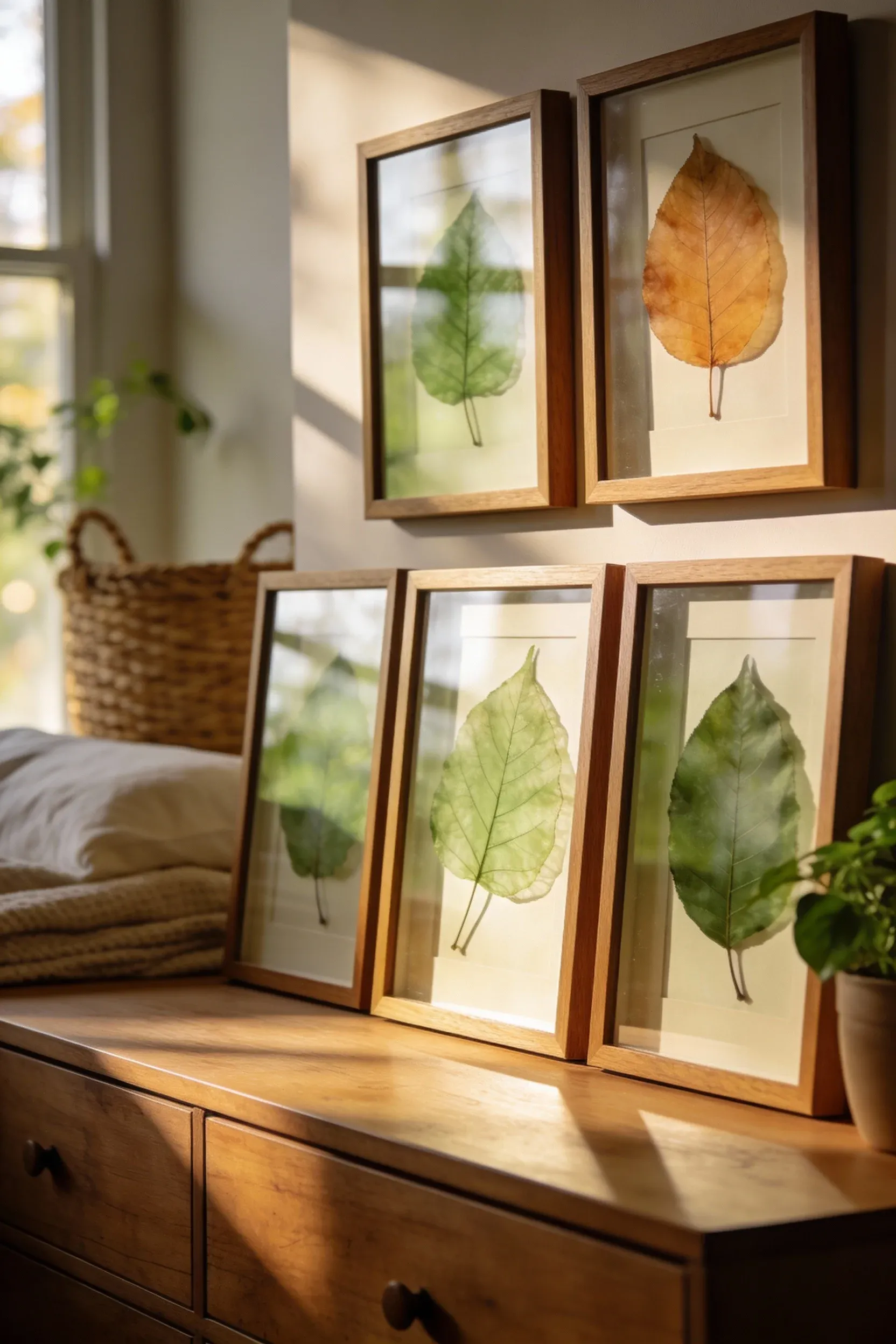 Pressed leaves framed in simple wood frames displayed in a natural bedroom.