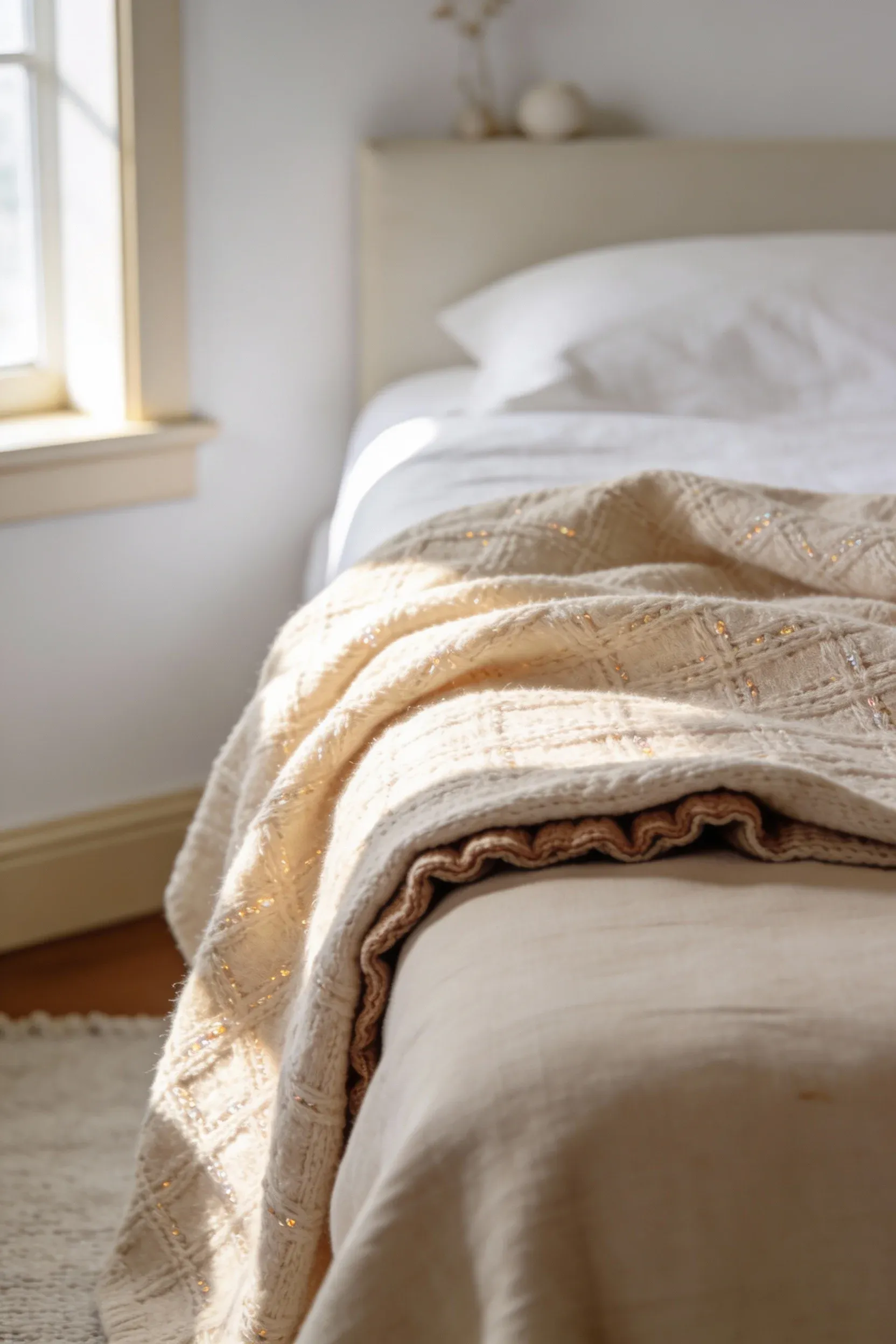 Warm beige textured throw blanket draped across the foot of a calm white and beige bed.