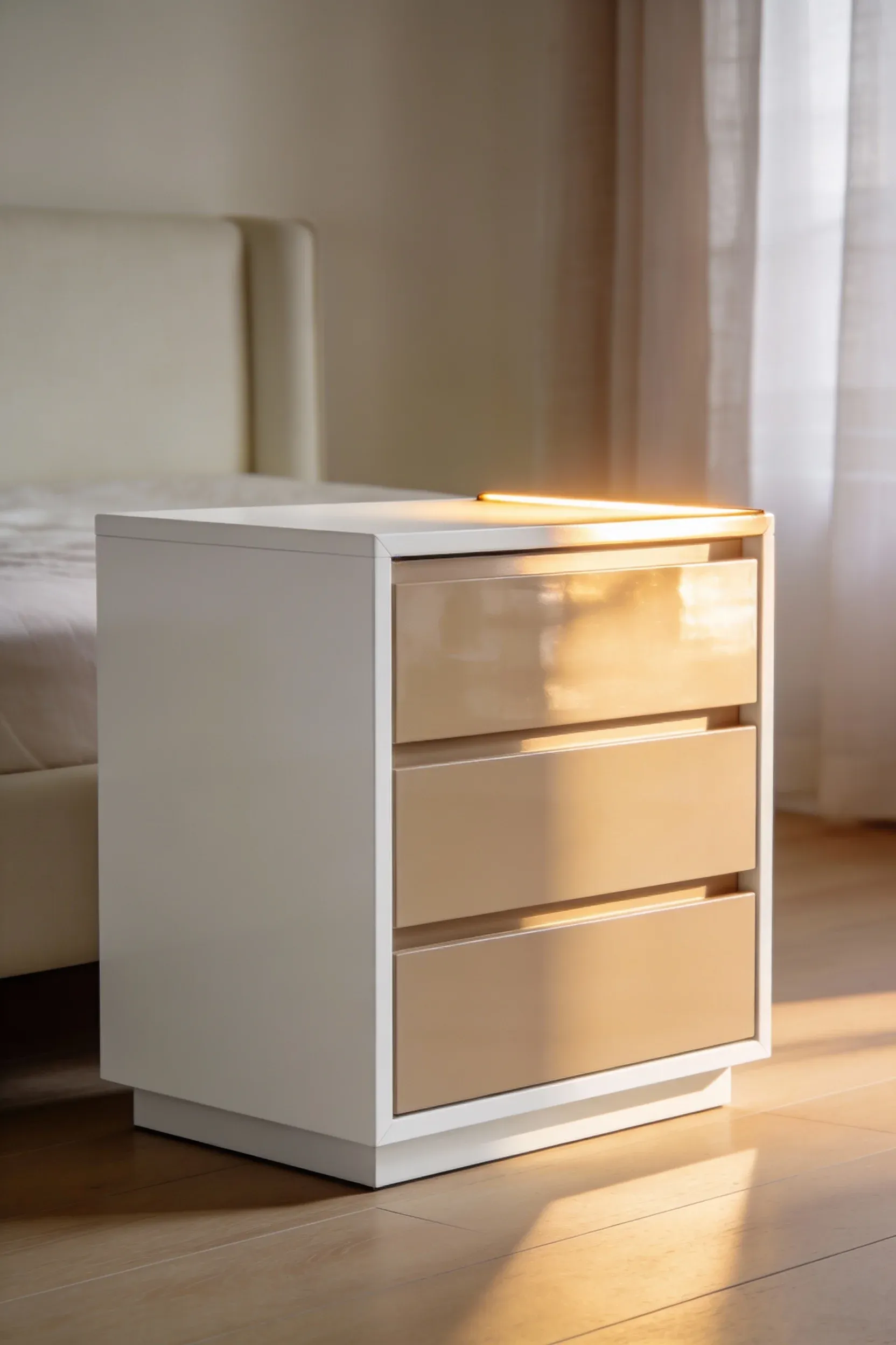 Minimal beige and white nightstand with clean lines in a soft, neutral bedroom.
