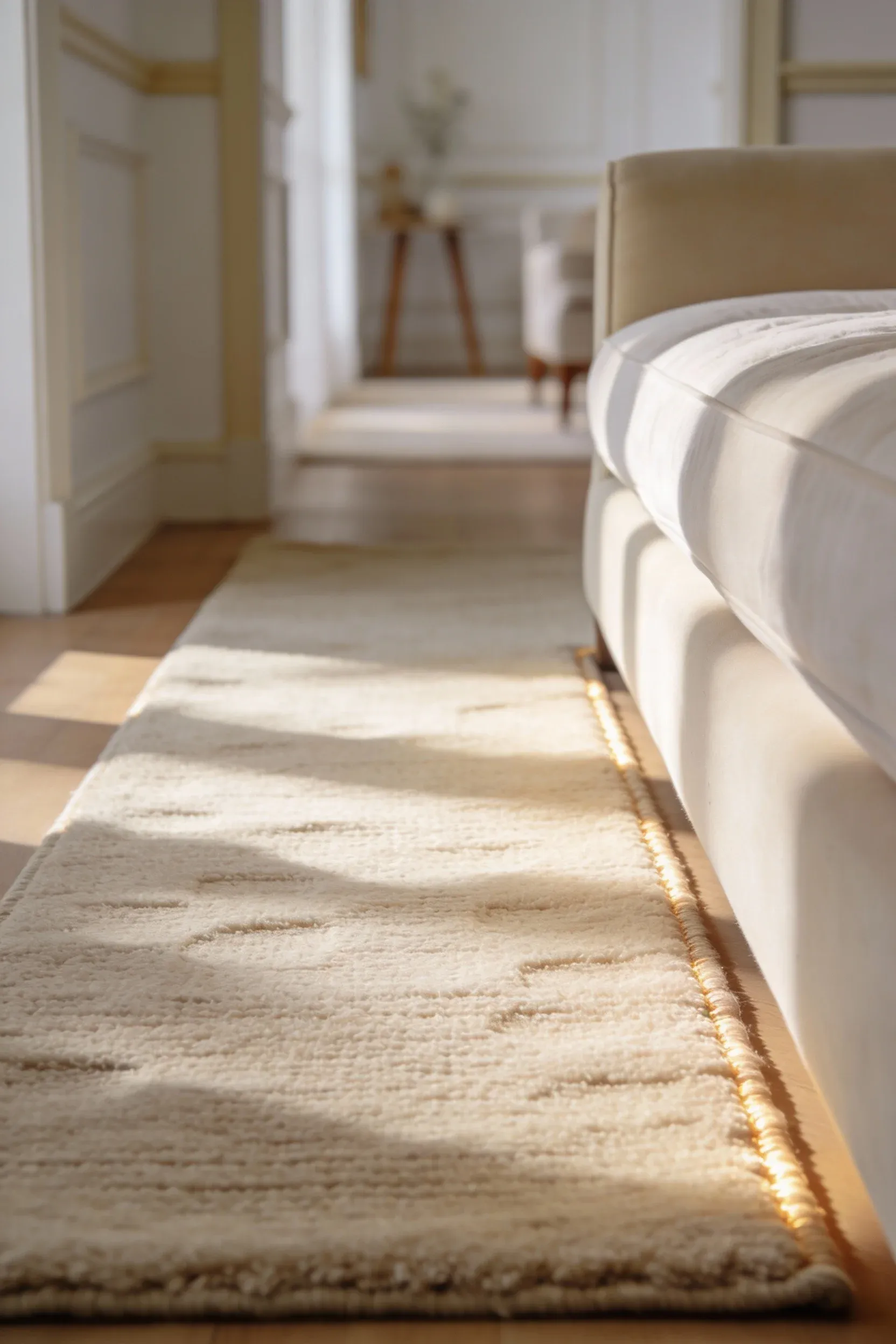 Warm beige area rug extending under the bed in a calm white and beige bedroom.