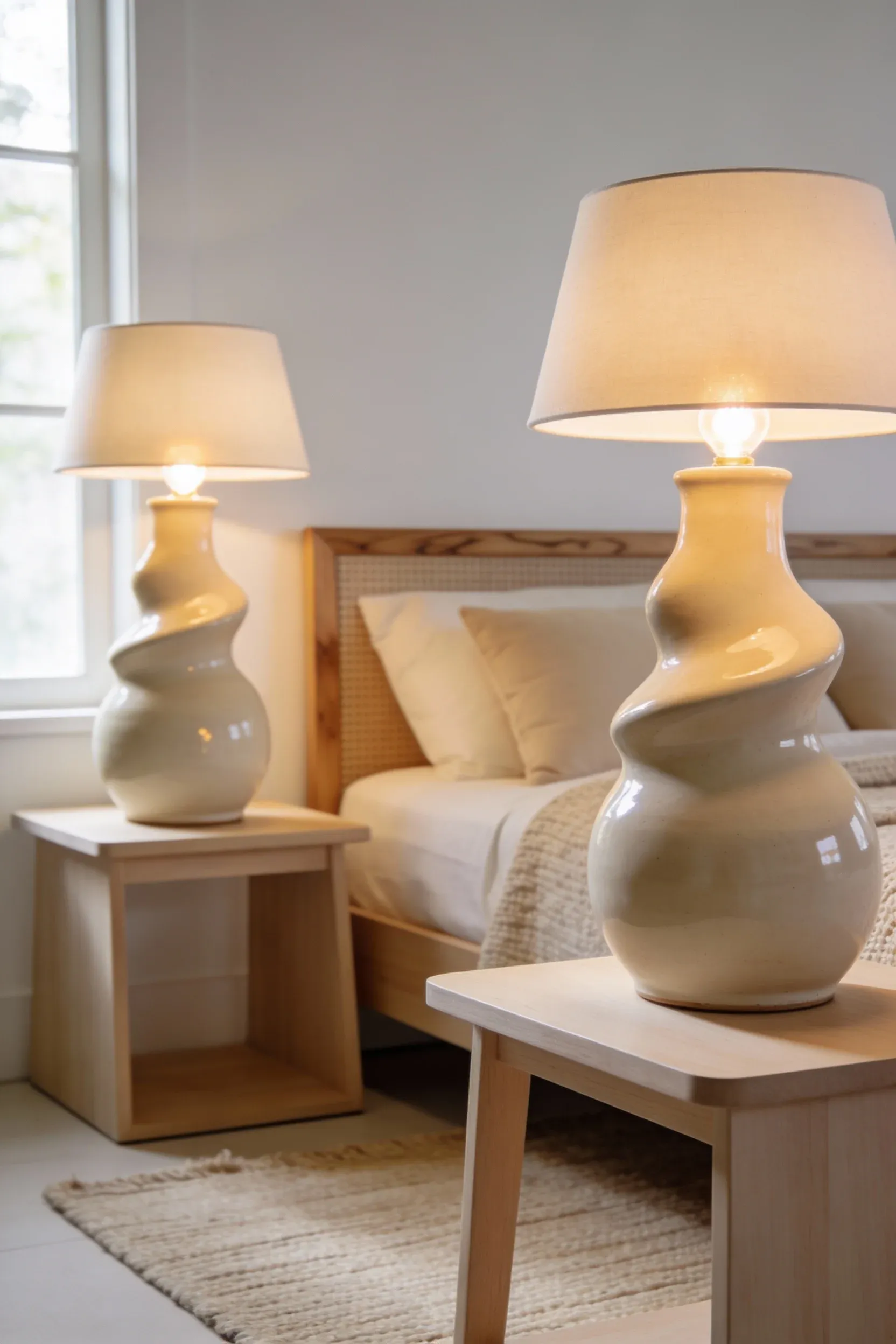 Beige ceramic lamps glowing warmly on bedside tables in a calm white and beige bedroom.