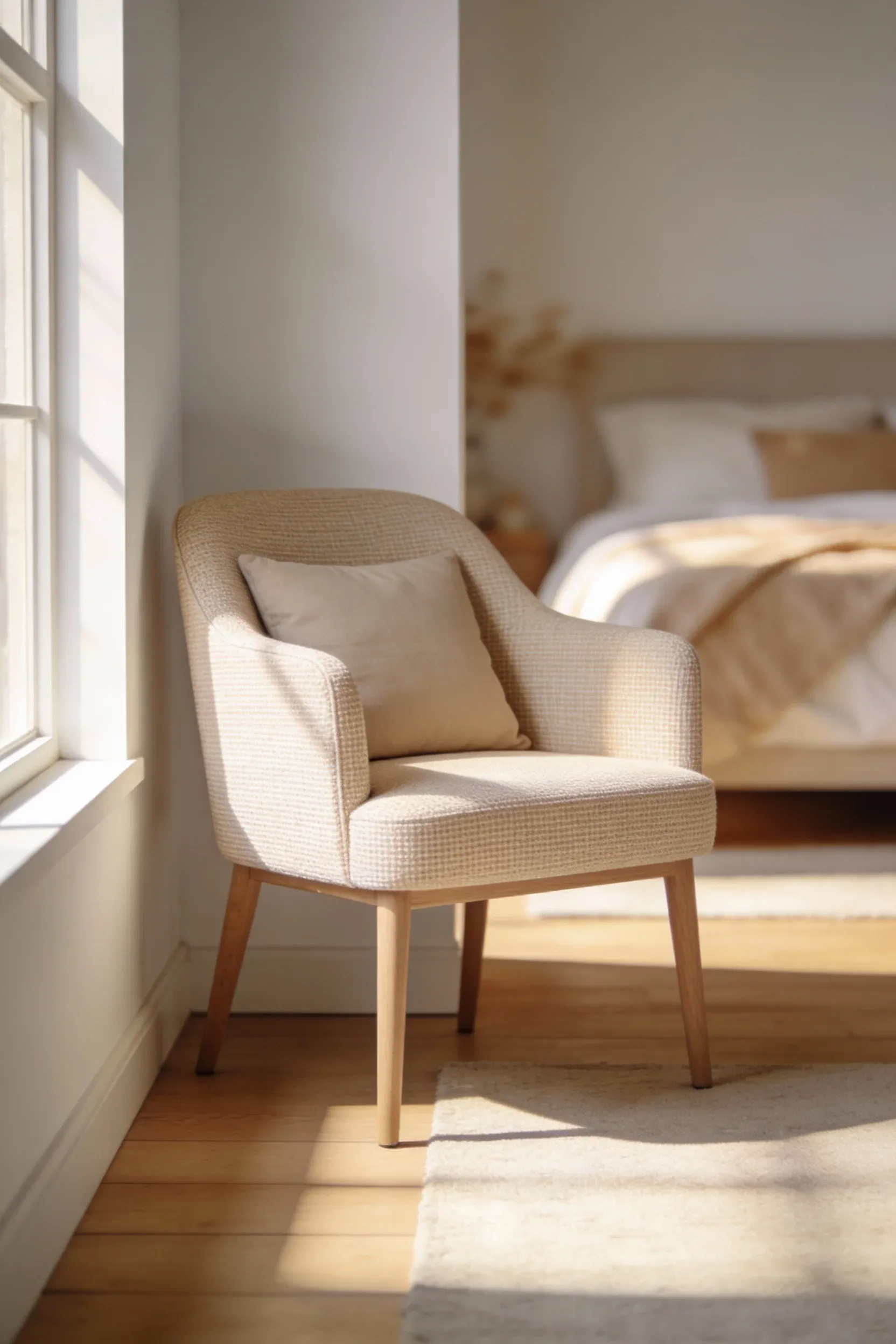 Light beige accent chair in a soft white and beige bedroom corner with gentle natural light.