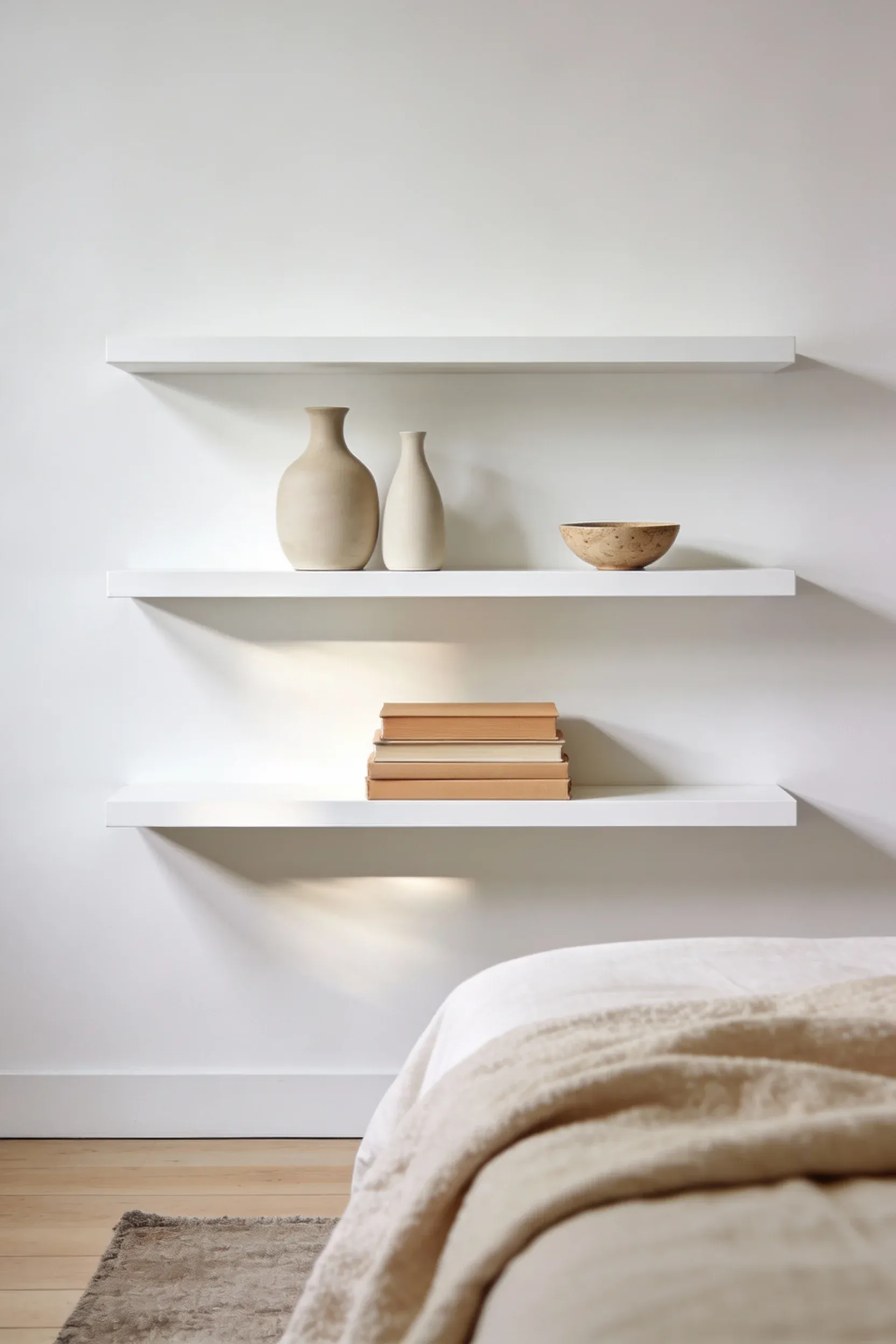 White floating shelves with neutral decor items on a clean white wall in a beige bedroom.