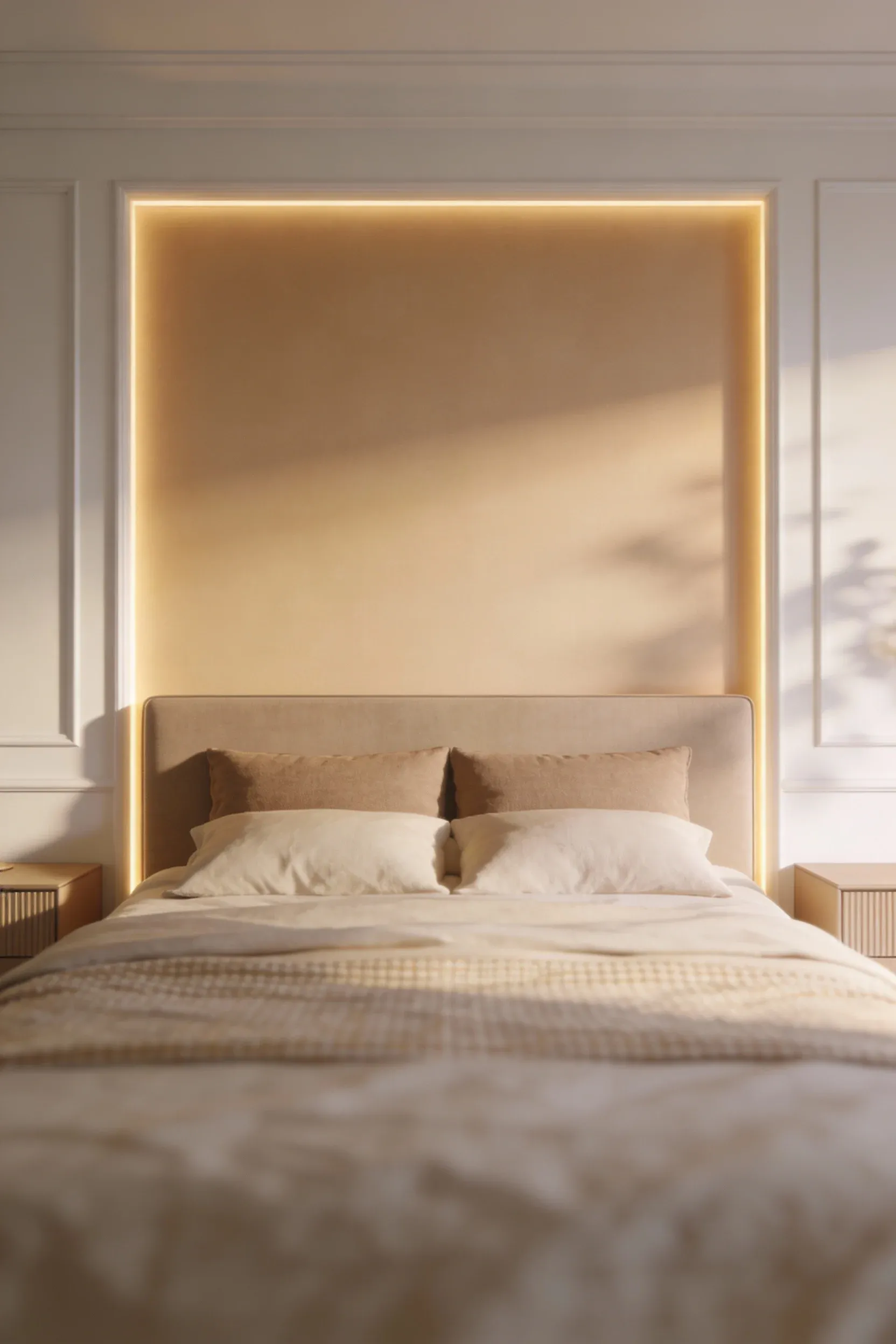 Warm beige feature wall behind a neatly made bed in a calm white and beige bedroom.
