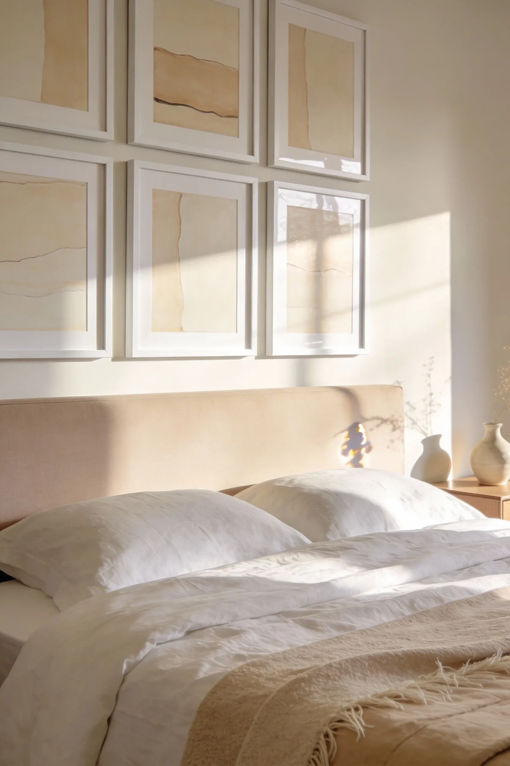 Cream-toned artwork in white frames arranged above the bed in a soft beige bedroom.