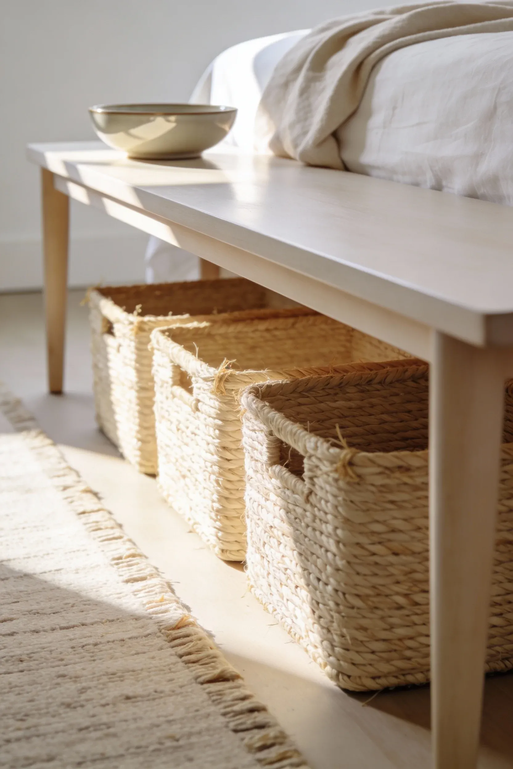 Beige woven storage baskets placed under a bench in a calm white and beige bedroom.