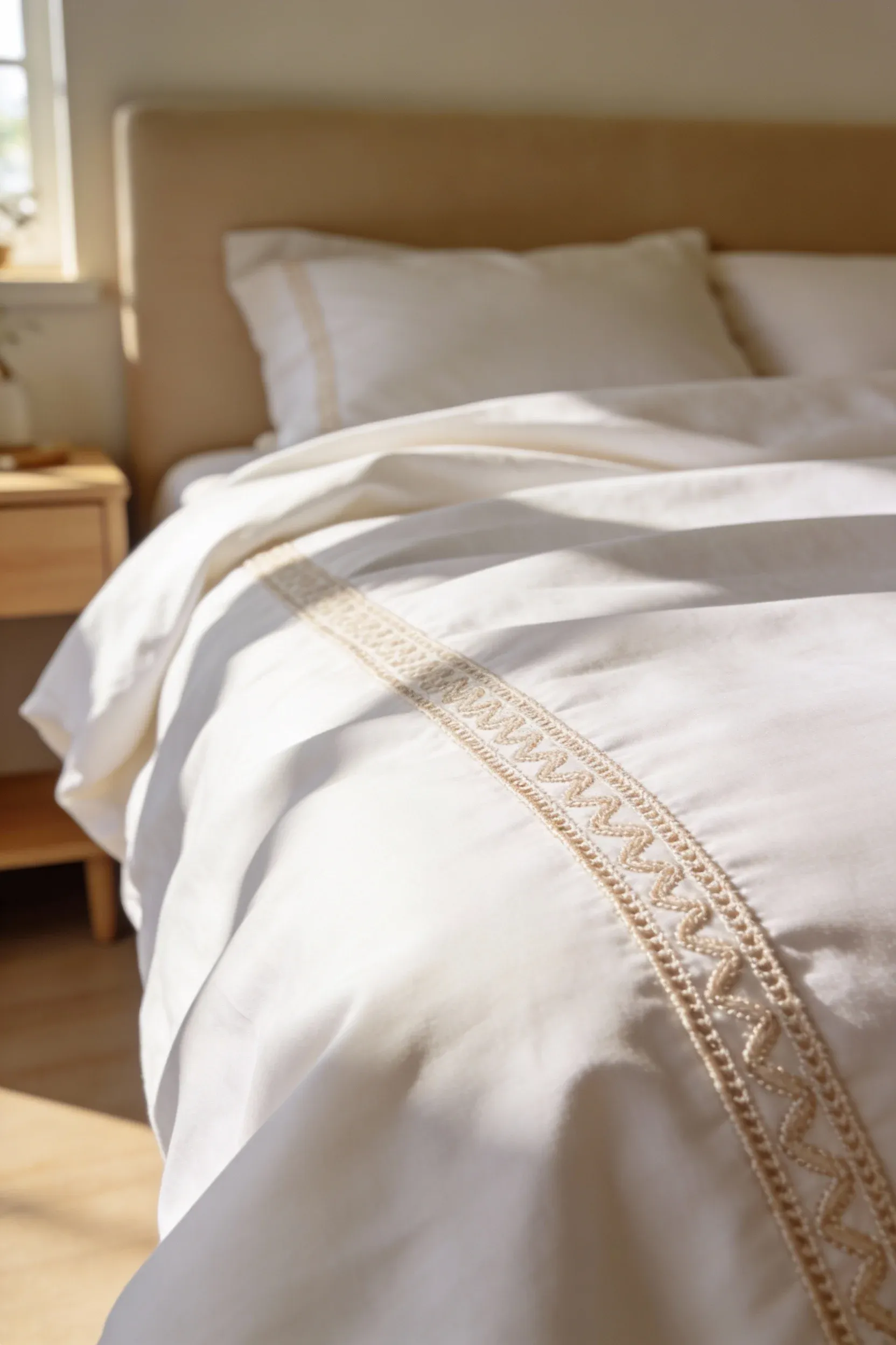 White bedding with subtle beige embroidery arranged neatly in a calm beige bedroom.