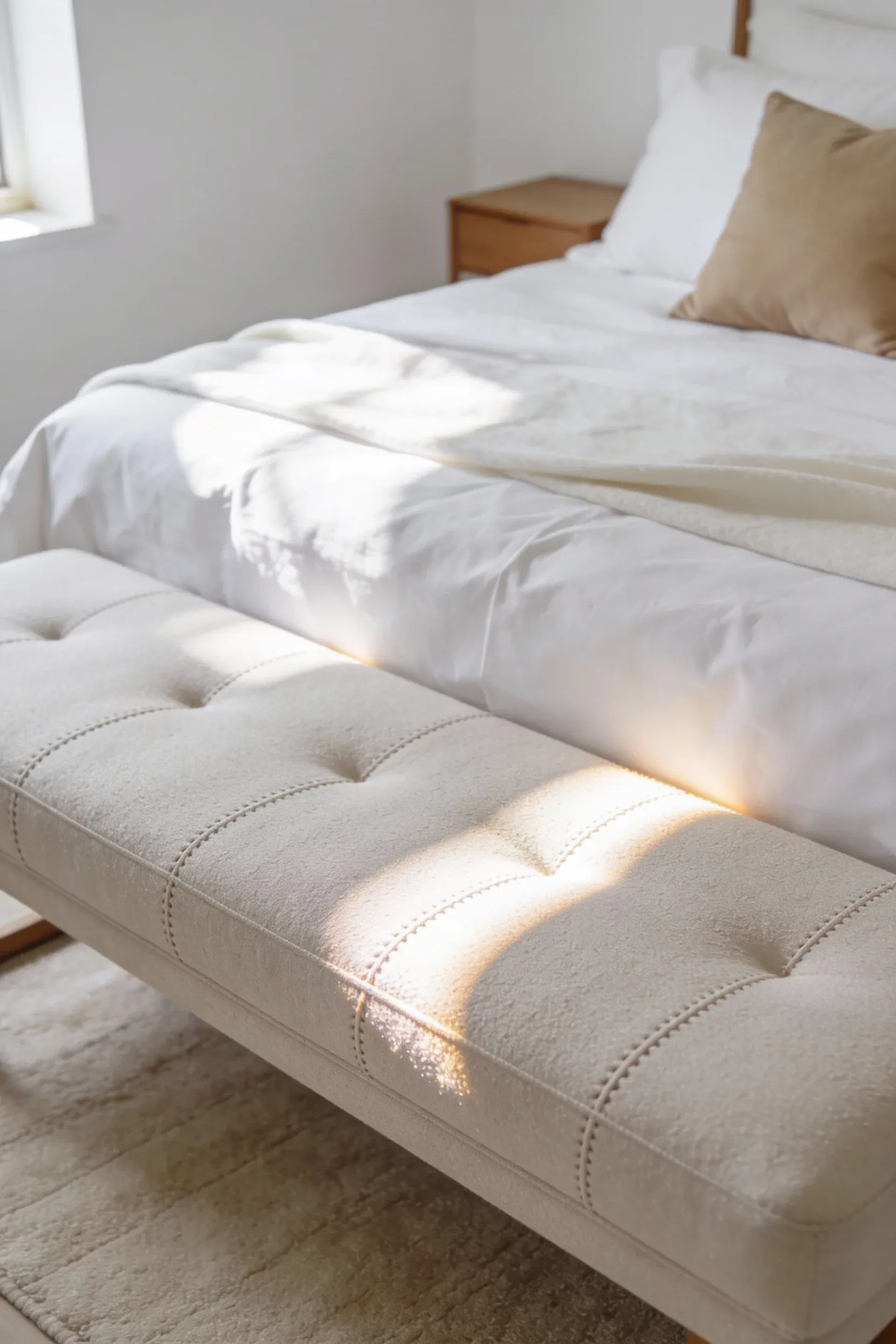 A light beige padded bench positioned at the foot of a white and beige bed in a calm, minimalist bedroom.