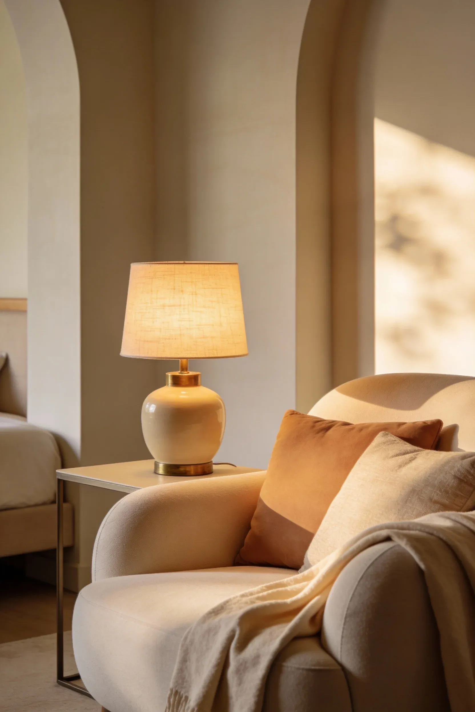 A soft beige reading nook with an armchair, cushions, and warm lighting in a white and beige bedroom.
