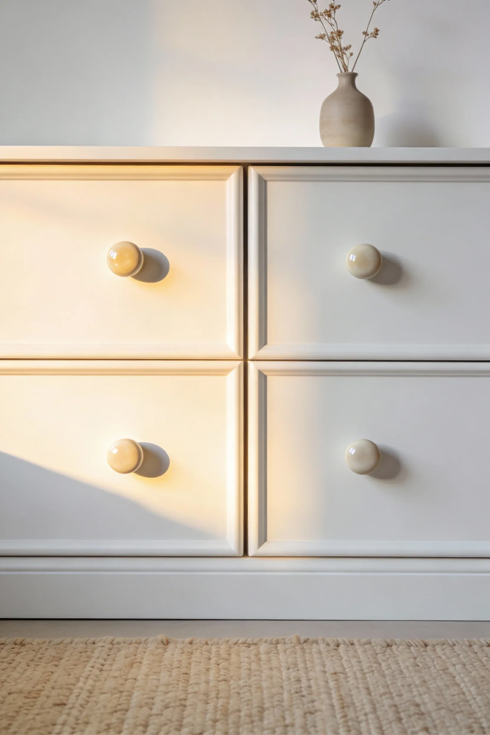 White dressers with beige hardware accents styled in a calm white and beige bedroom.