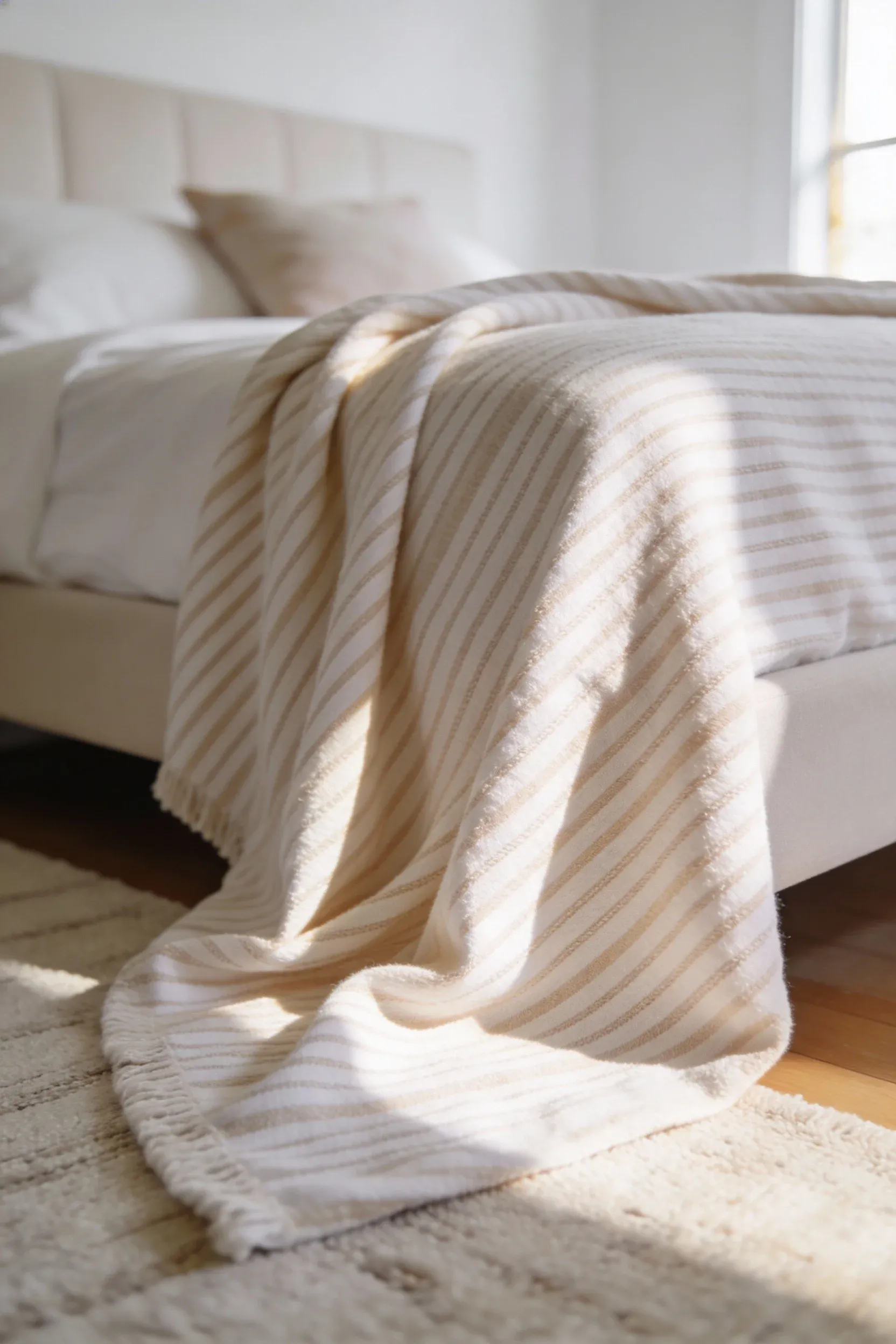 A beige and white striped throw draped across a bed in a calm white and beige bedroom.