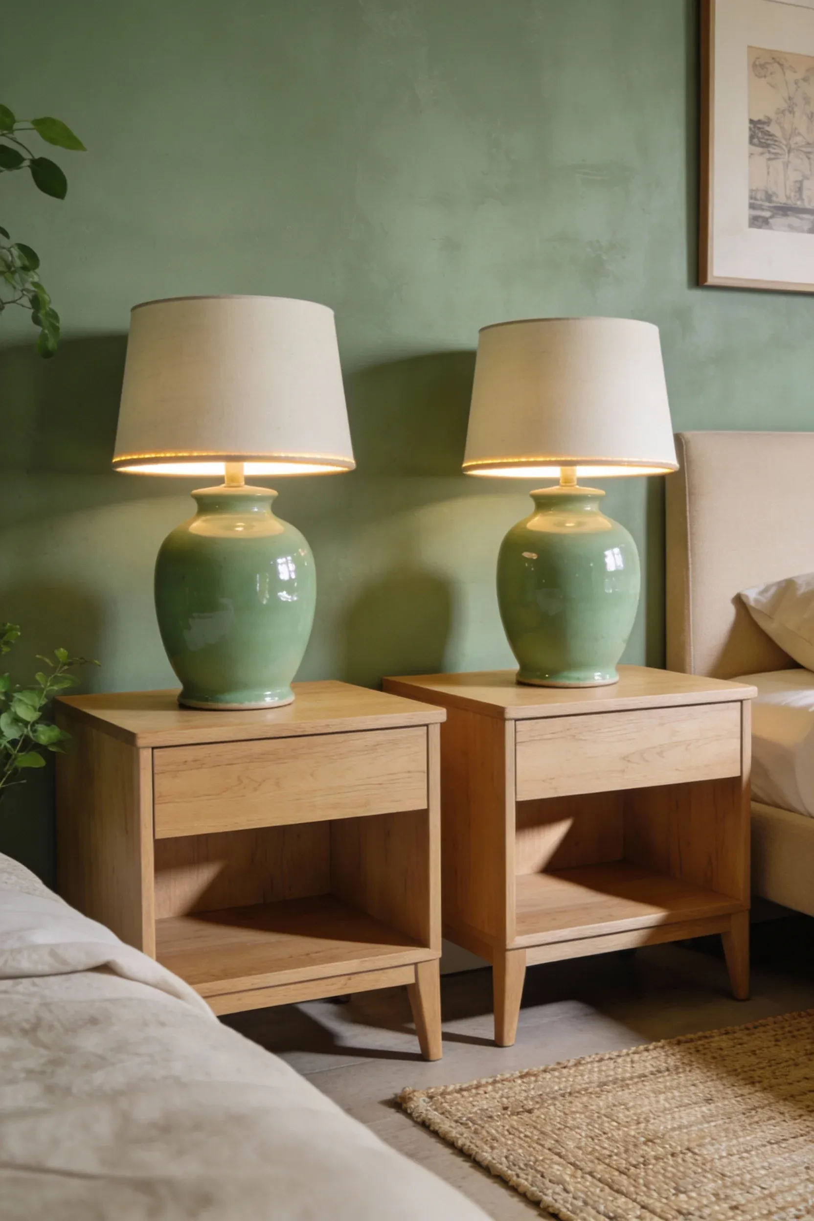 Green and beige bedroom shown in a wide view with light wood nightstands and soft green ceramic lamps.