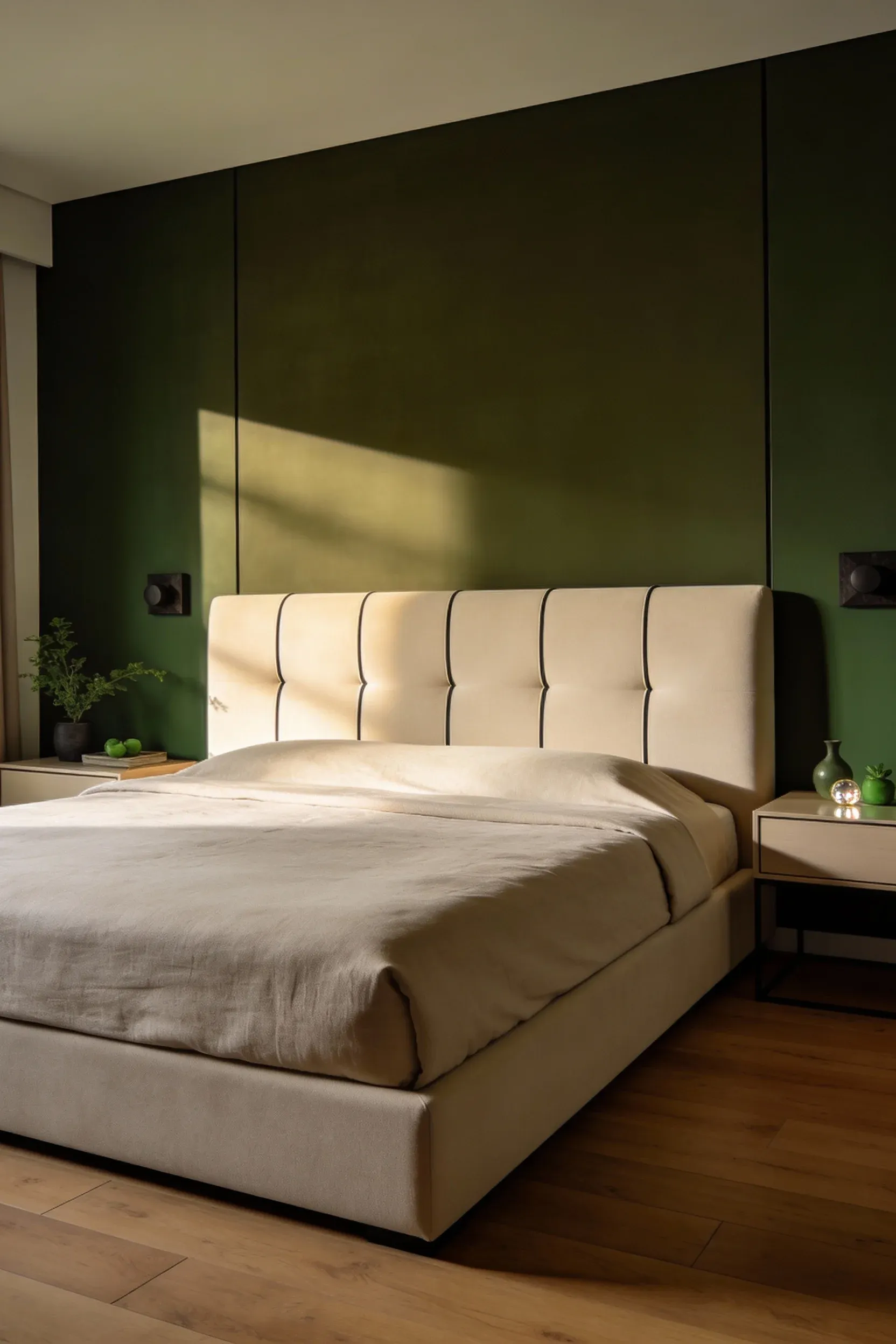Wide interior image of a green and beige bedroom featuring a beige headboard against a deep olive wall.
