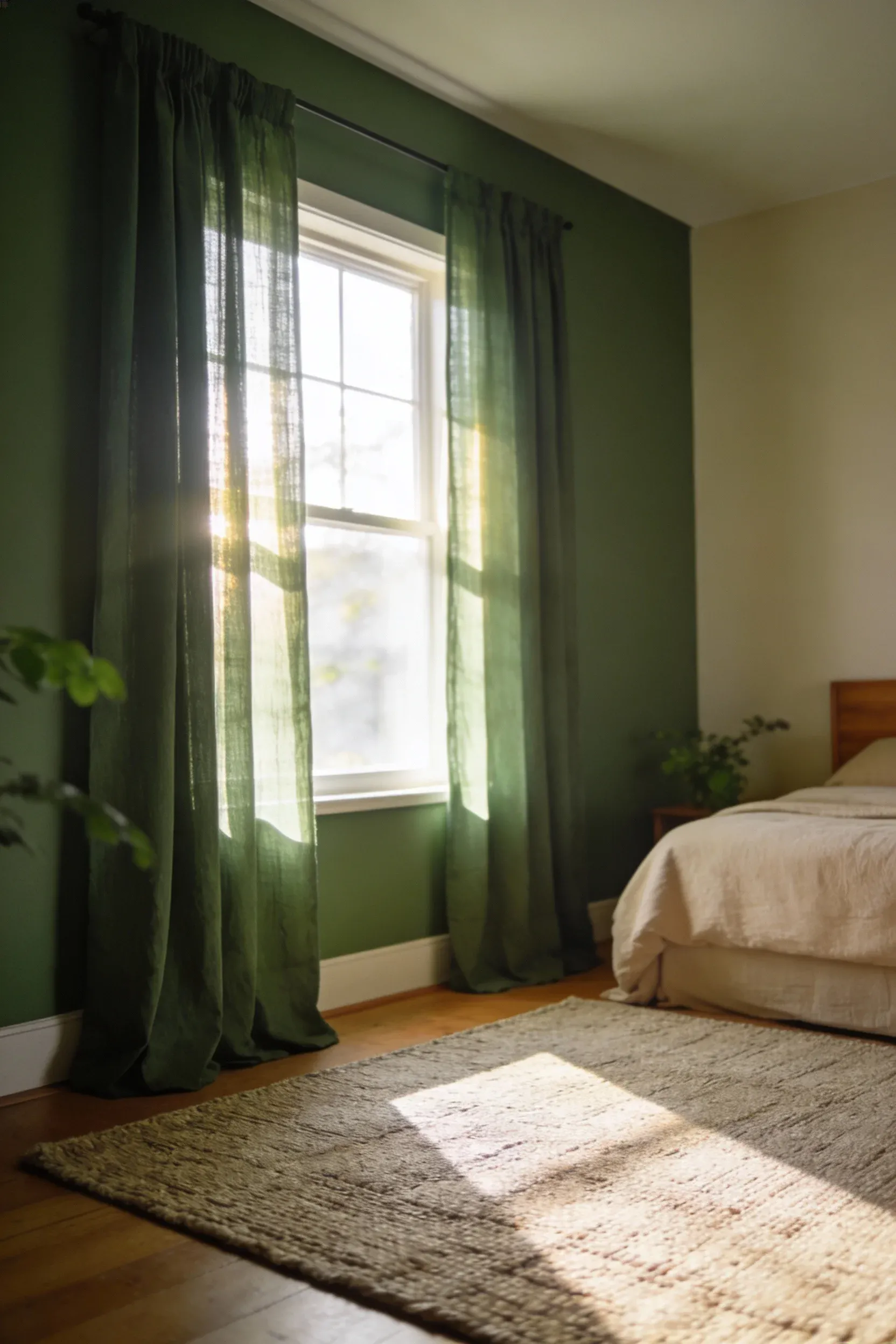 Green and beige bedroom with muted green curtains and a neutral textured rug shown in a wide-room view.
