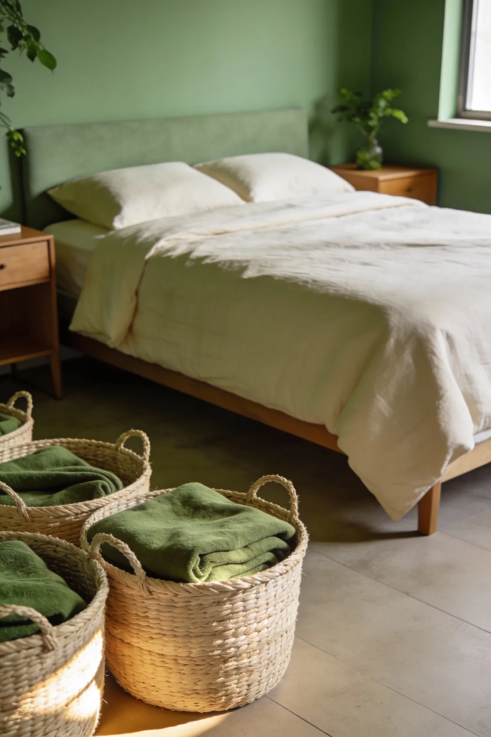 Wide bedroom view showing beige woven baskets filled with green blankets in a green and beige decor scheme.