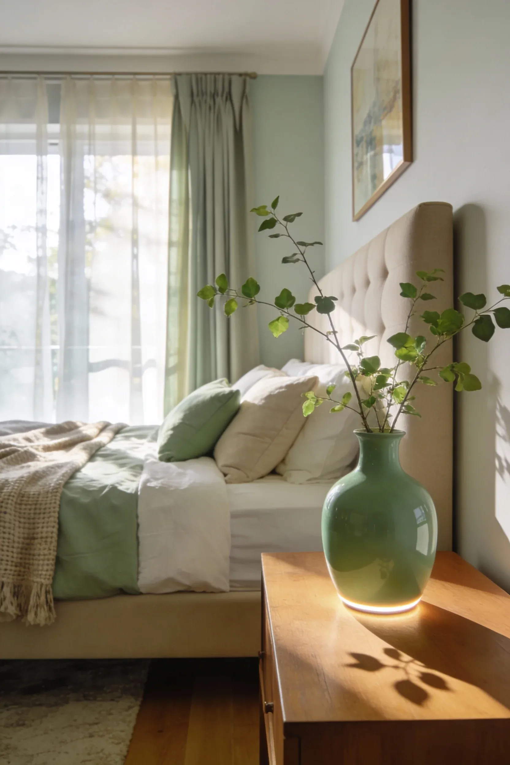 Green and beige bedroom with a soft green vase on a bedside table holding fresh greenery.