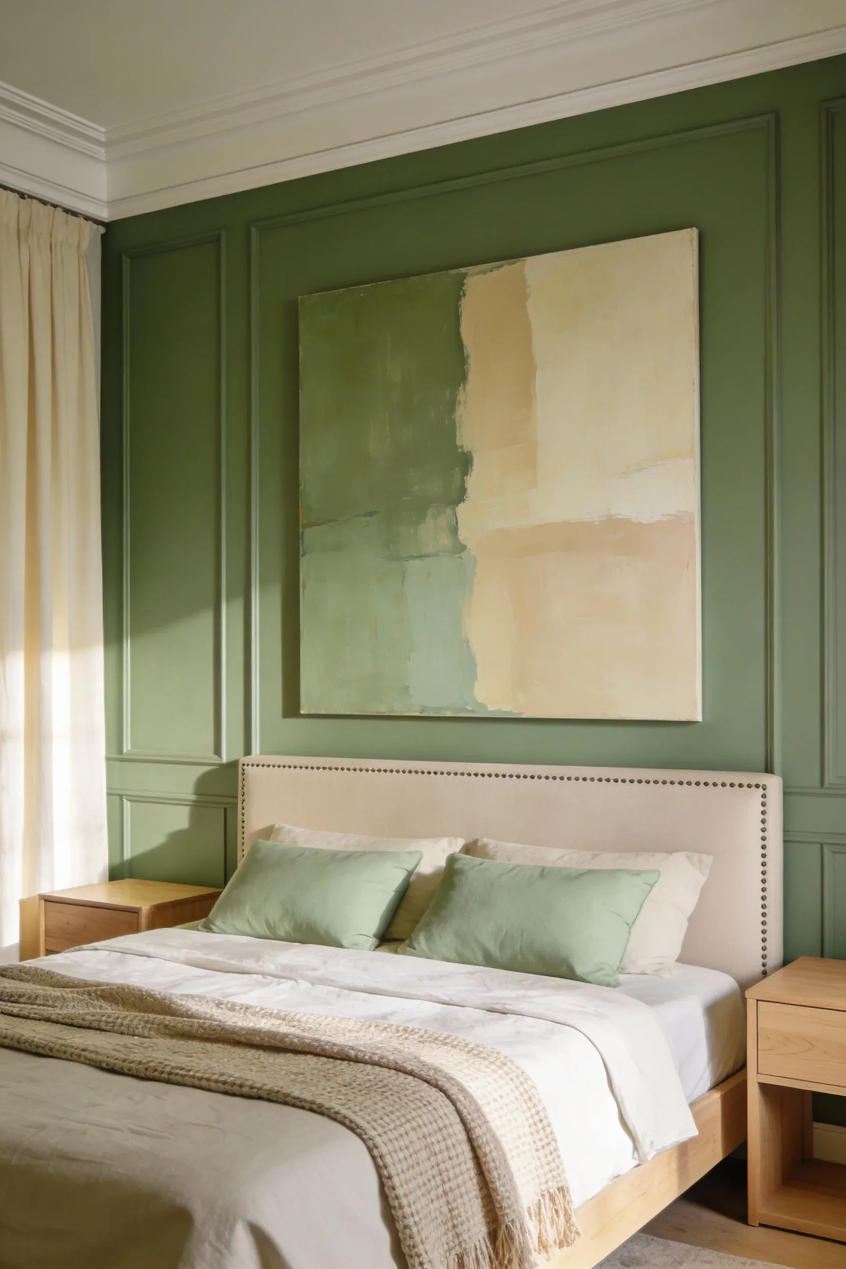 Green and beige bedroom with sage and beige abstract art centered above the bed.