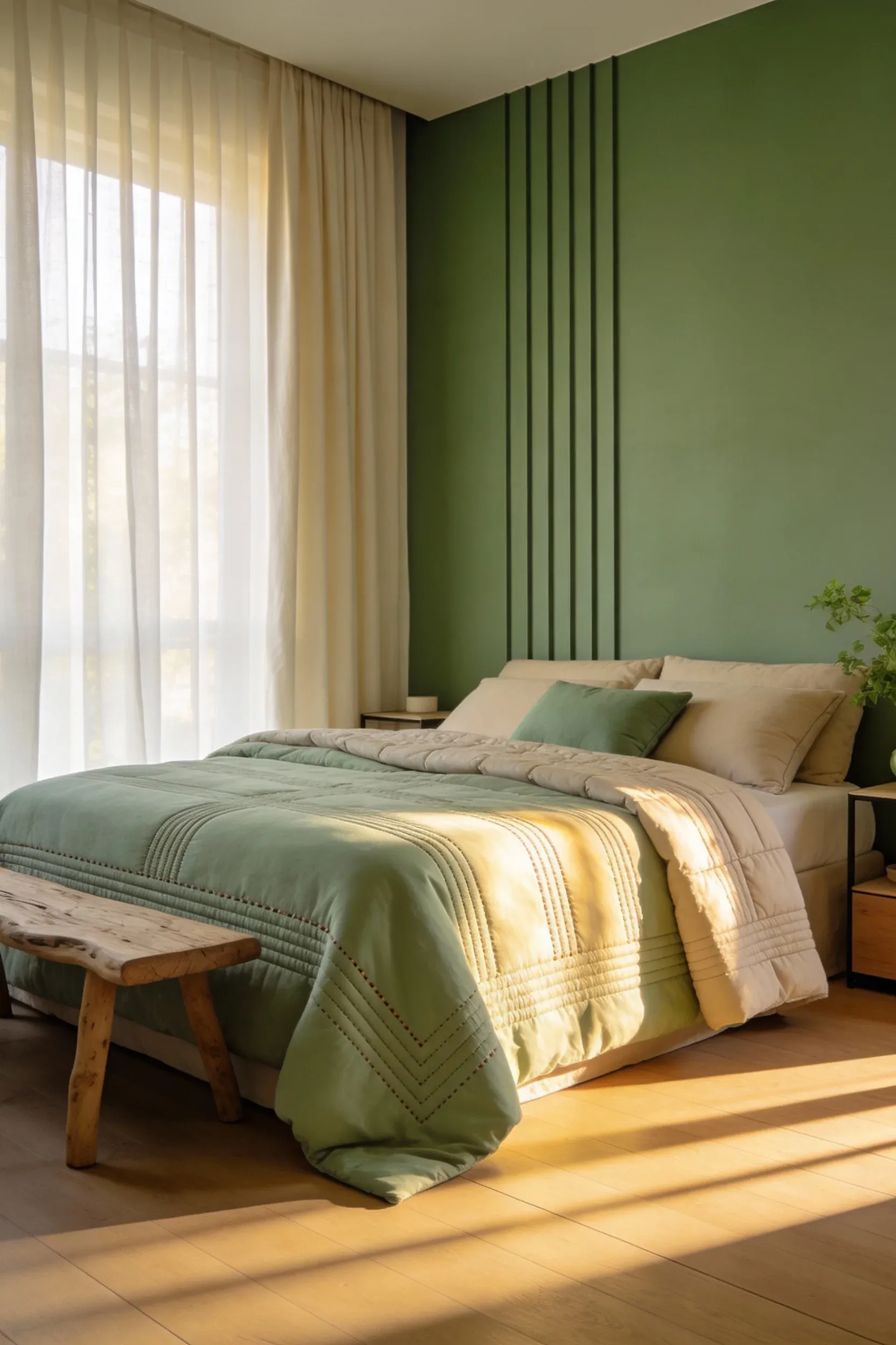 Green and beige bedroom with layered neutral quilts topped by a pale green duvet.
