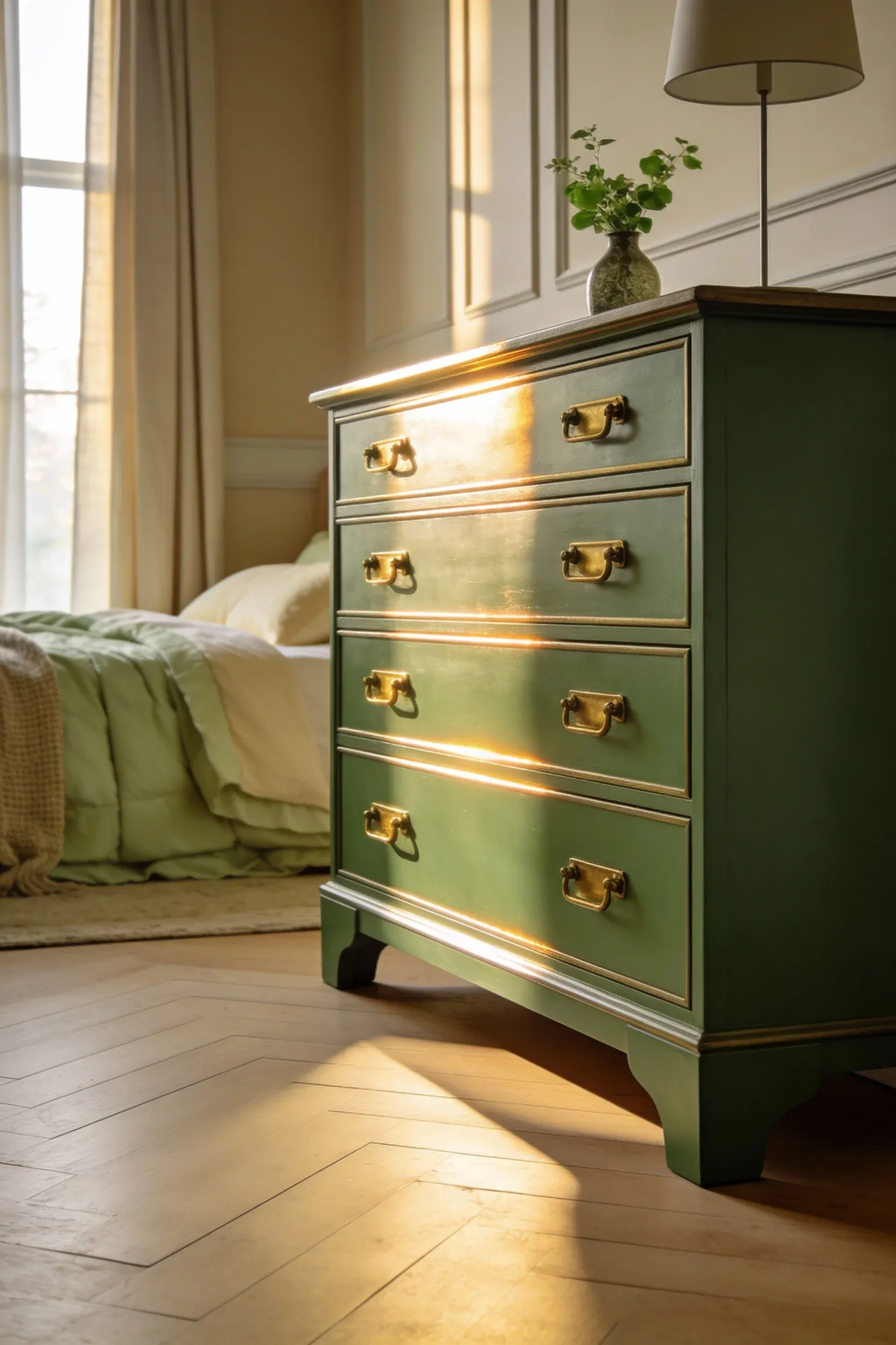Green and beige bedroom featuring a green painted dresser with brushed brass hardware.