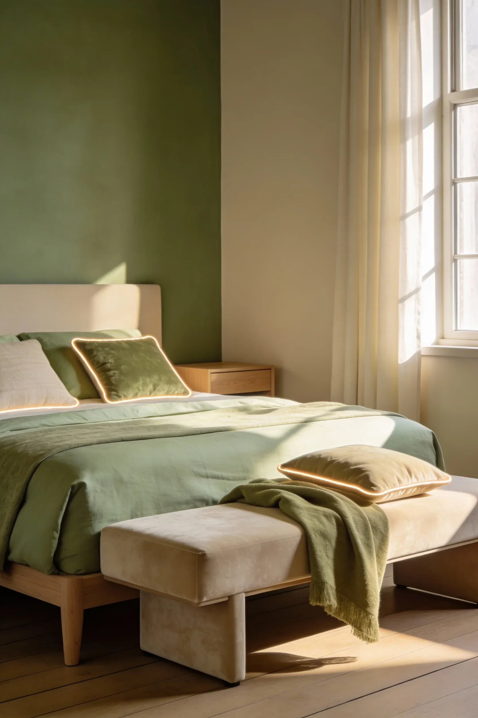 Beige velvet bench with sage cushions placed in a green and beige bedroom.