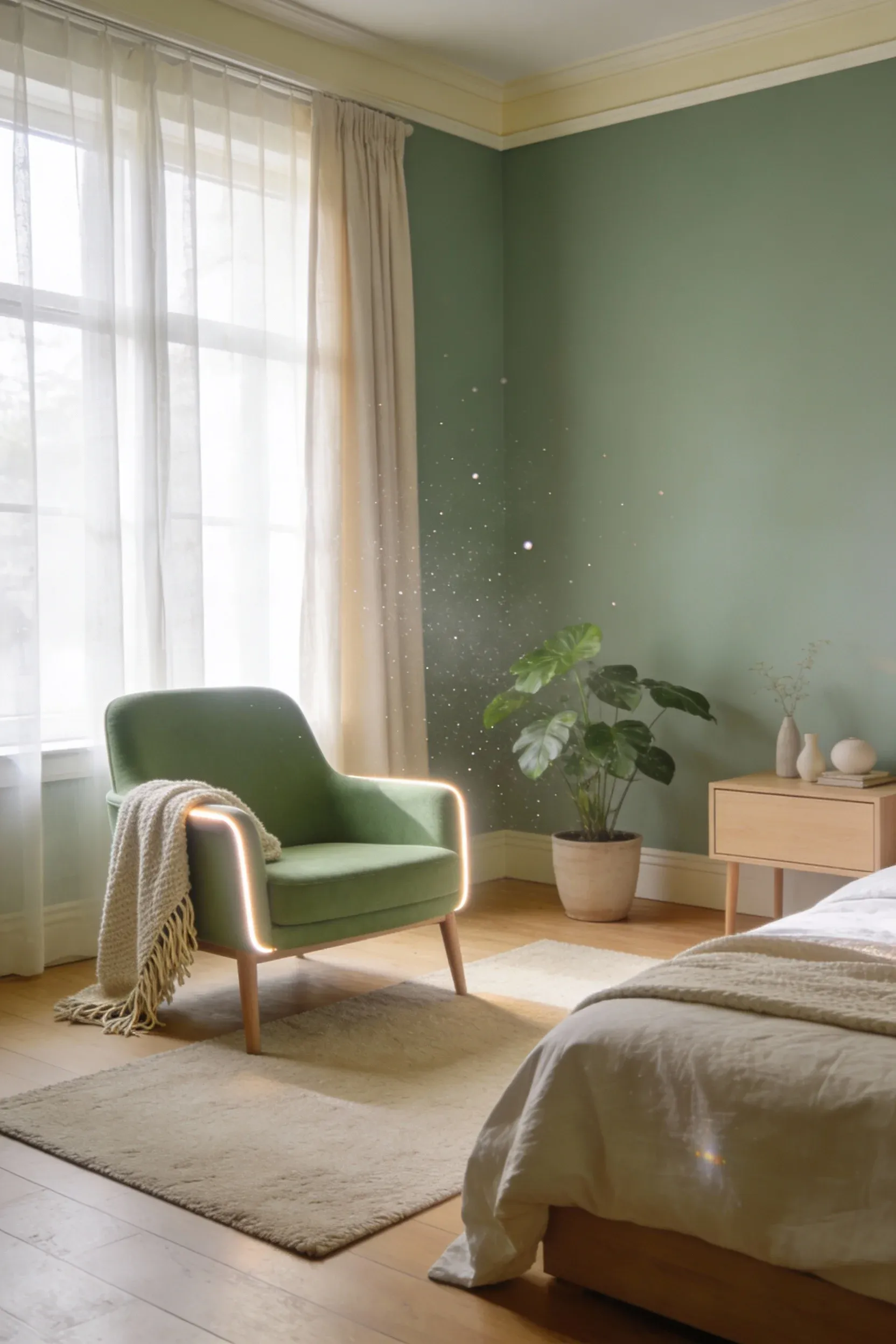 Wide bedroom view featuring a soft green reading chair with a beige knit throw near a sunlit window.