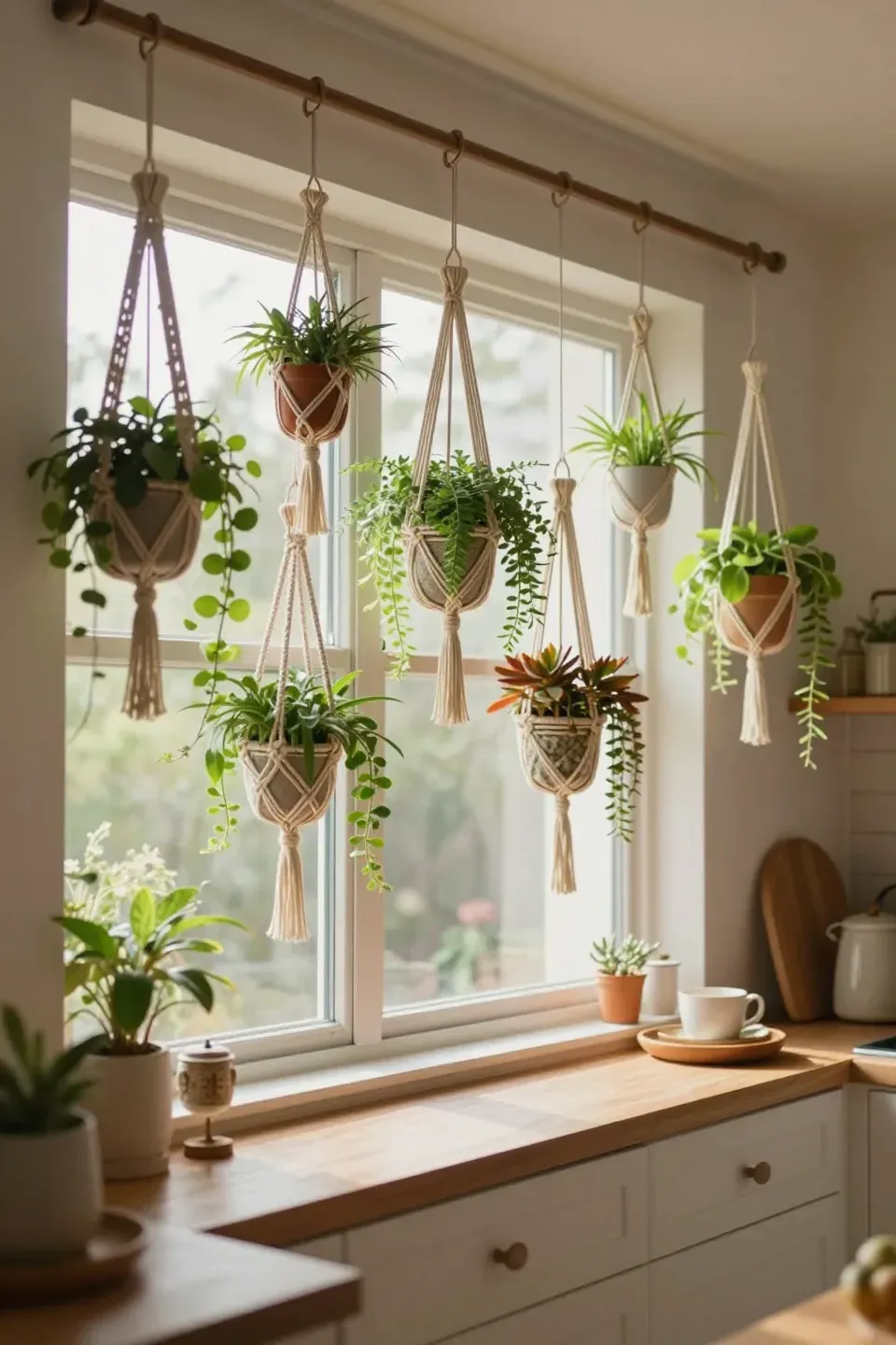 A bright kitchen window adorned with macramé plant hangers and lush green plants.