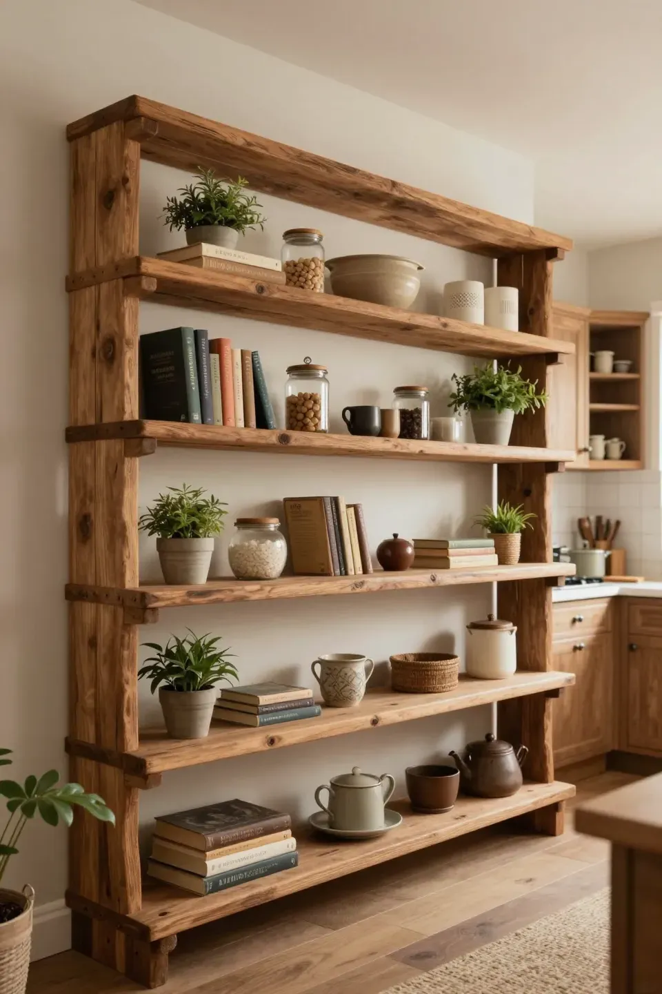 A rustic kitchen featuring vintage wooden shelves adorned with natural accents.