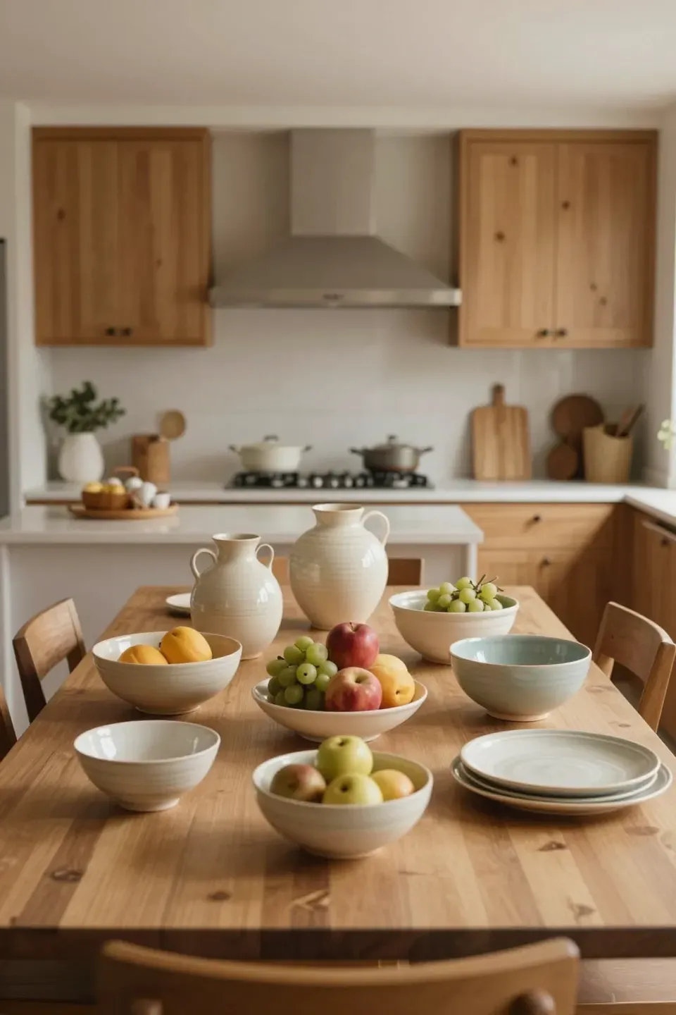 An elegant kitchen showcasing handcrafted pottery as centerpieces on a dining table.