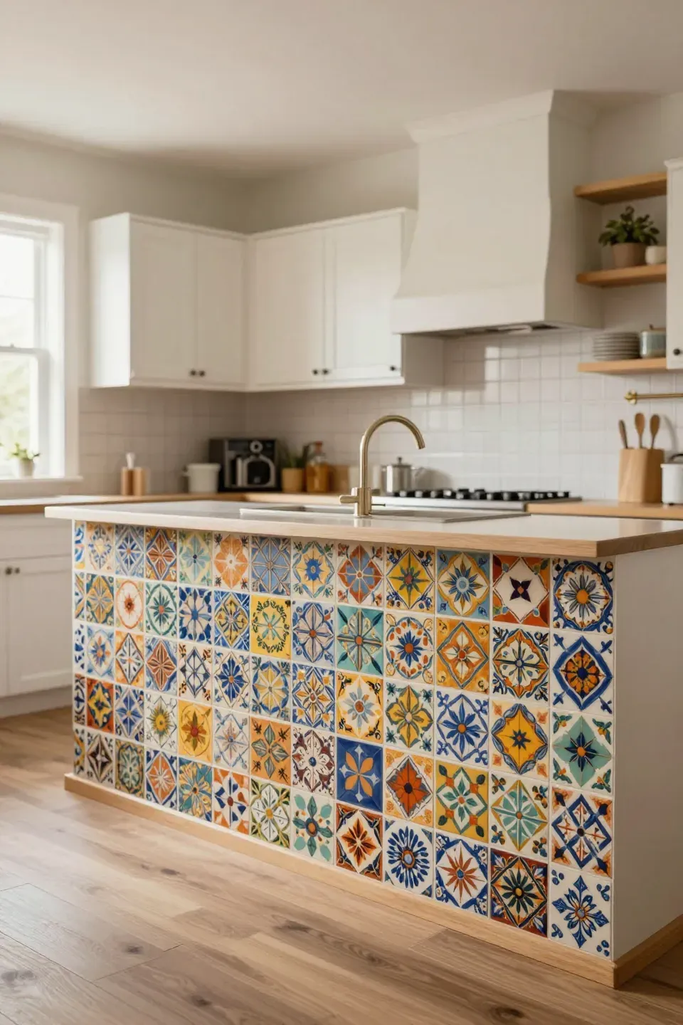 A vibrant kitchen featuring a colorful tile backsplash with intricate patterns.